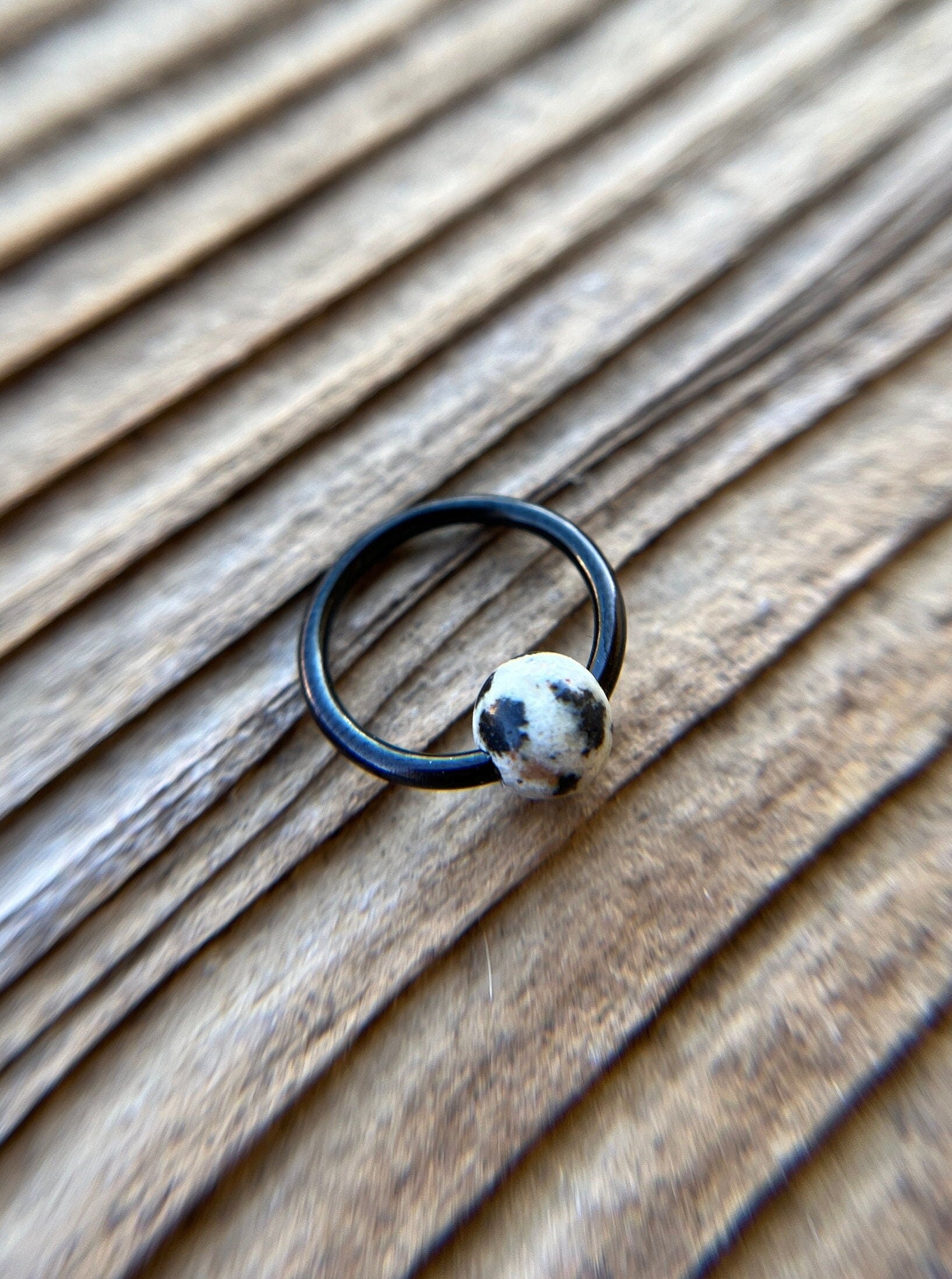 Natural Dalmatian Jasper Stone Bead Black Titanium Plated CBR Ring Hoop 16G (1.2mm) 14G (1.6mm) Nose Septum Piercing 316L Steel Cartilage