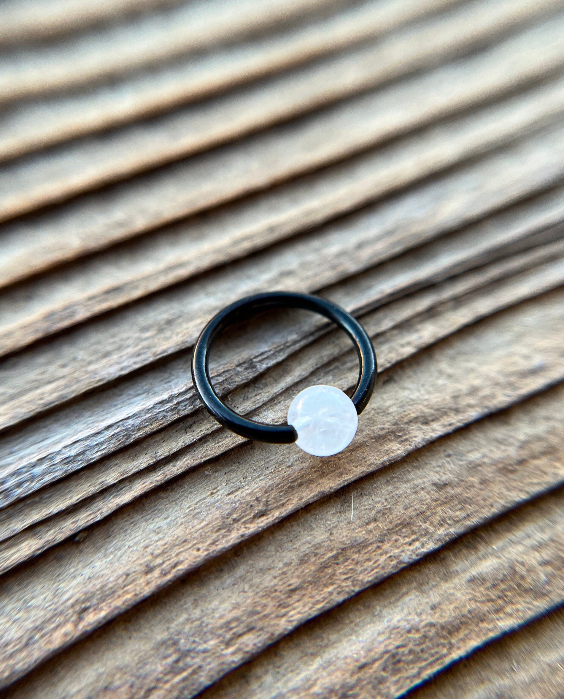 Natural Rainbow Moonstone Bead Black Titanium Plated CBR Ring Hoop 16G (1.2mm) 14G (1.6mm) Nose Septum Piercing 316L Steel Cartilage