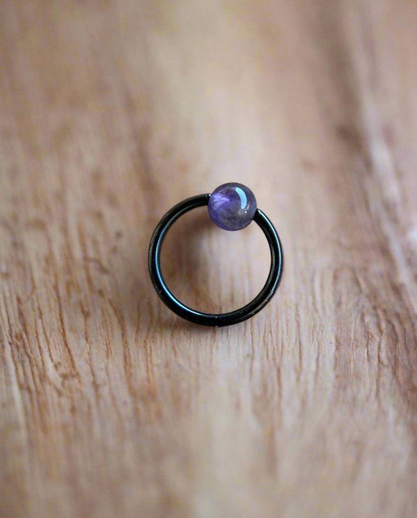 Natural Purple Amethyst Stone Bead Black Titanium Plated CBR Ring Hoop 16G (1.2mm) 14G (1.6mm) Nose Cartilage Septum Piercing Spooky Witchy