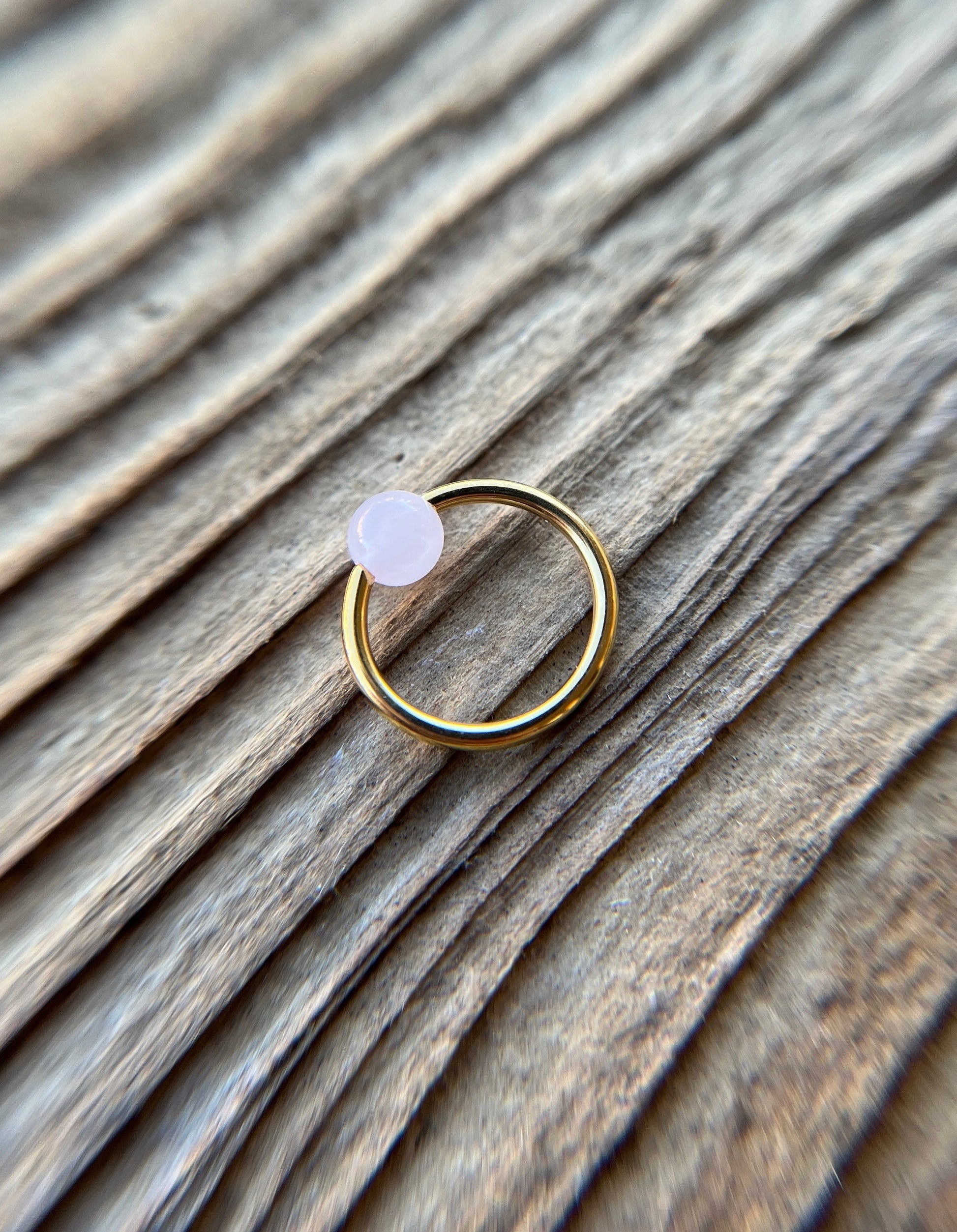 Natural Pink Rose Quartz Stone Bead Gold Titanium Plated CBR Ring Hoop 16G (1.2mm) 14G (1.6mm) Nose Cartilage Septum Piercing 316L Steel