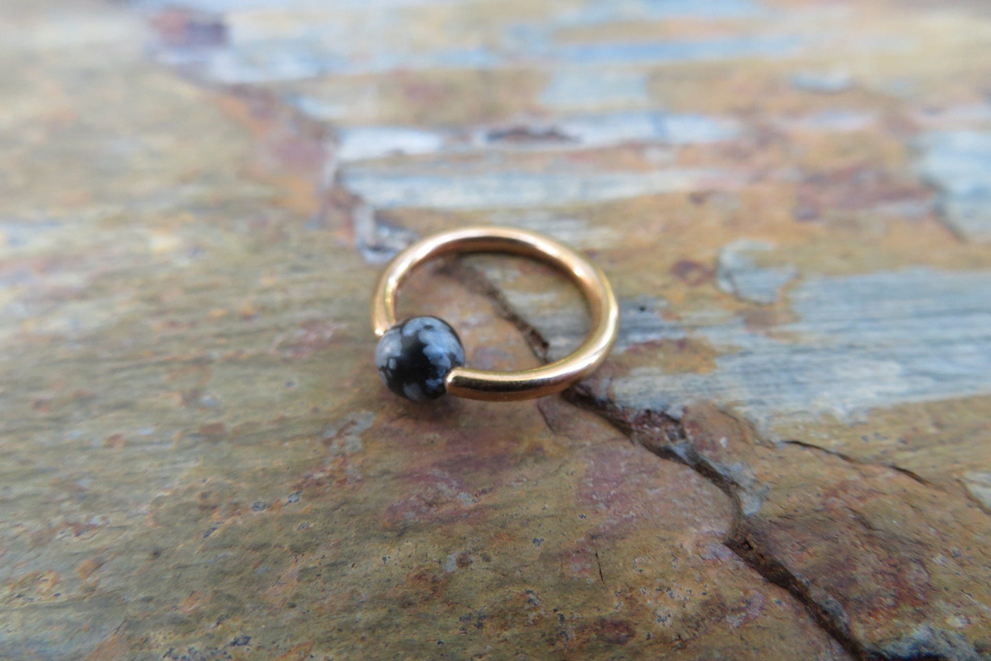 Natural Snowflake Obsidian Stone Bead Gold Titanium Plated CBR Ring Hoop 16G (1.2mm) 14G (1.6mm) Nose Cartilage Septum Piercing 316L Steel