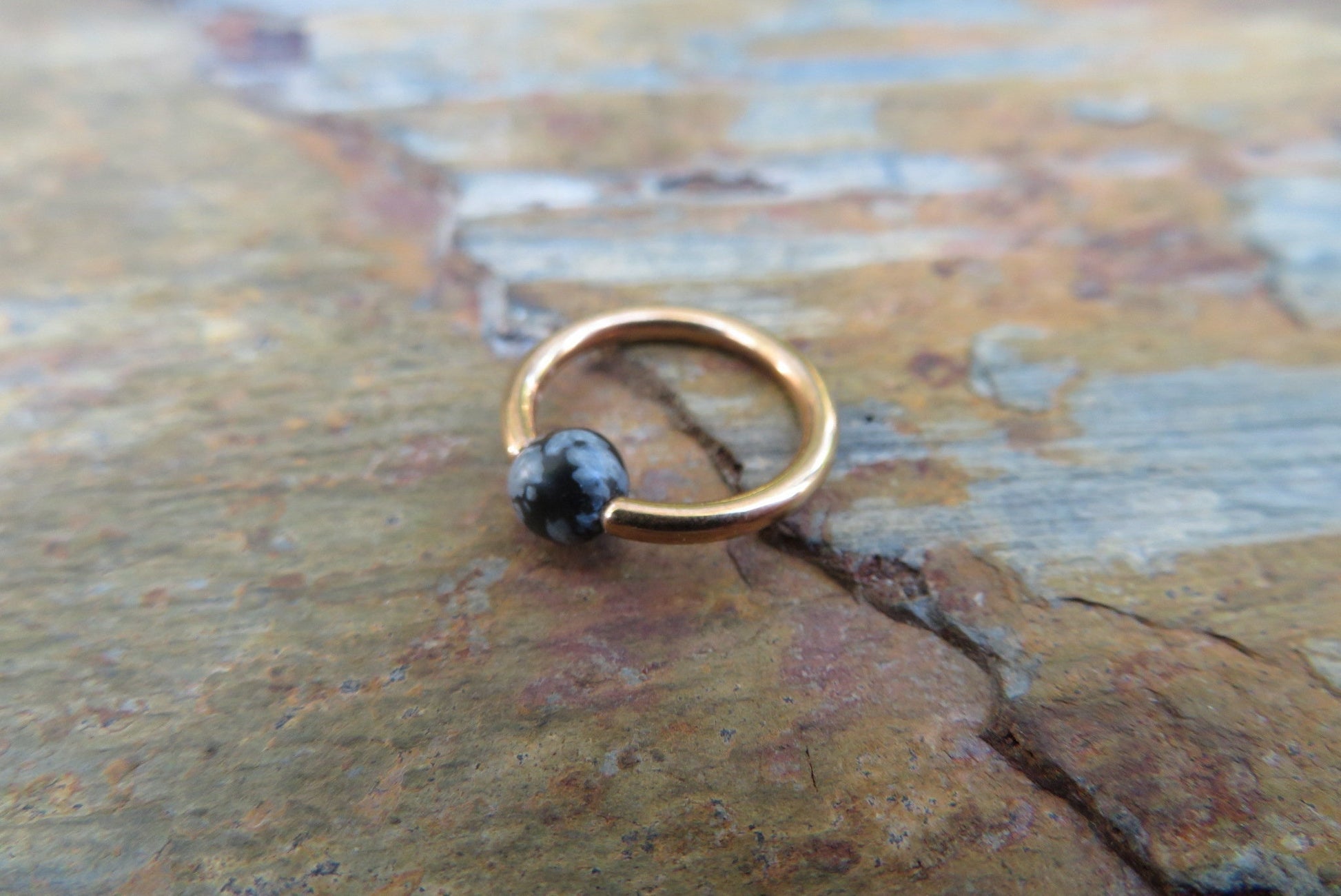 Natural Snowflake Obsidian Stone Bead Gold Titanium Plated CBR Ring Hoop 16G (1.2mm) 14G (1.6mm) Nose Cartilage Septum Piercing 316L Steel
