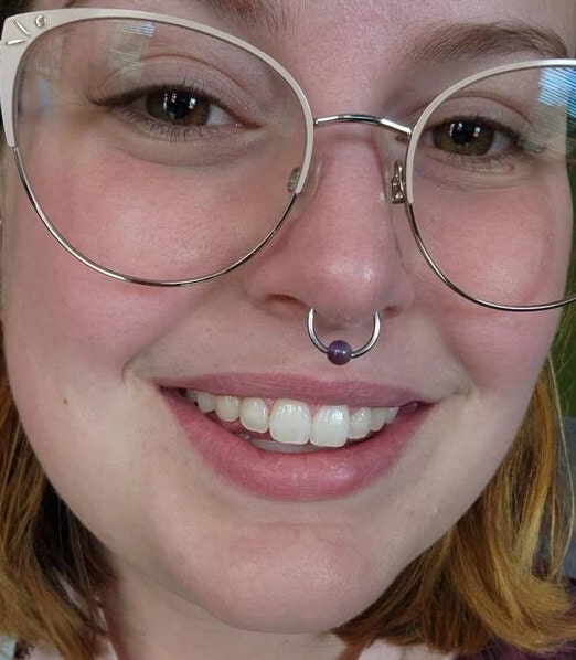 Natural Purple Amethyst Stone Bead Steel CBR Ring Hoop 16G (1.2mm) 14G (1.6mm) Nose Cartilage Septum Piercing 316L Surgical Hypoallergenic