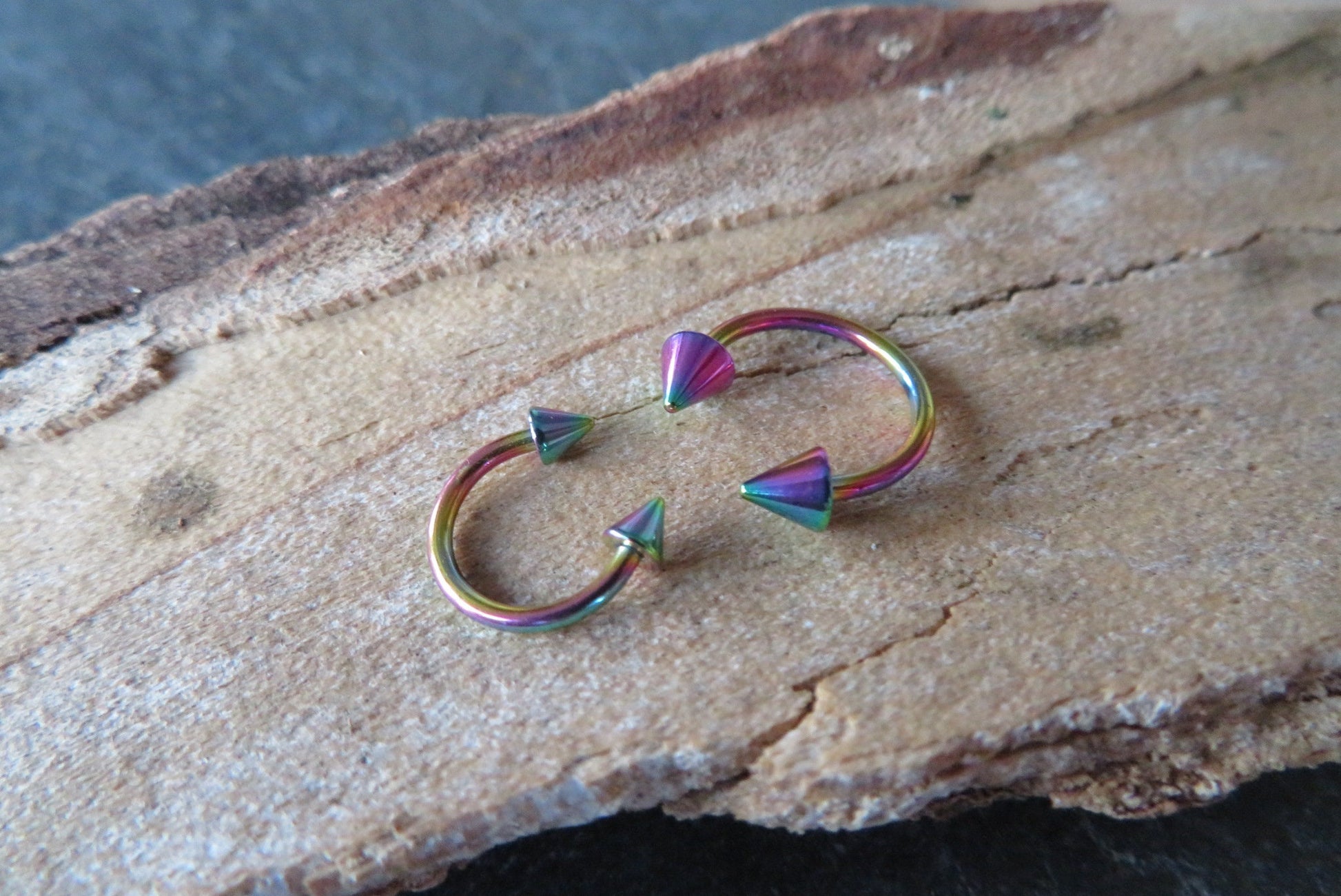 Rainbow Titanium Ion Plated Spiked 16G (1.2mm) Horseshoe Ring Septum Piercing 316L Surgical Steel Spikes
