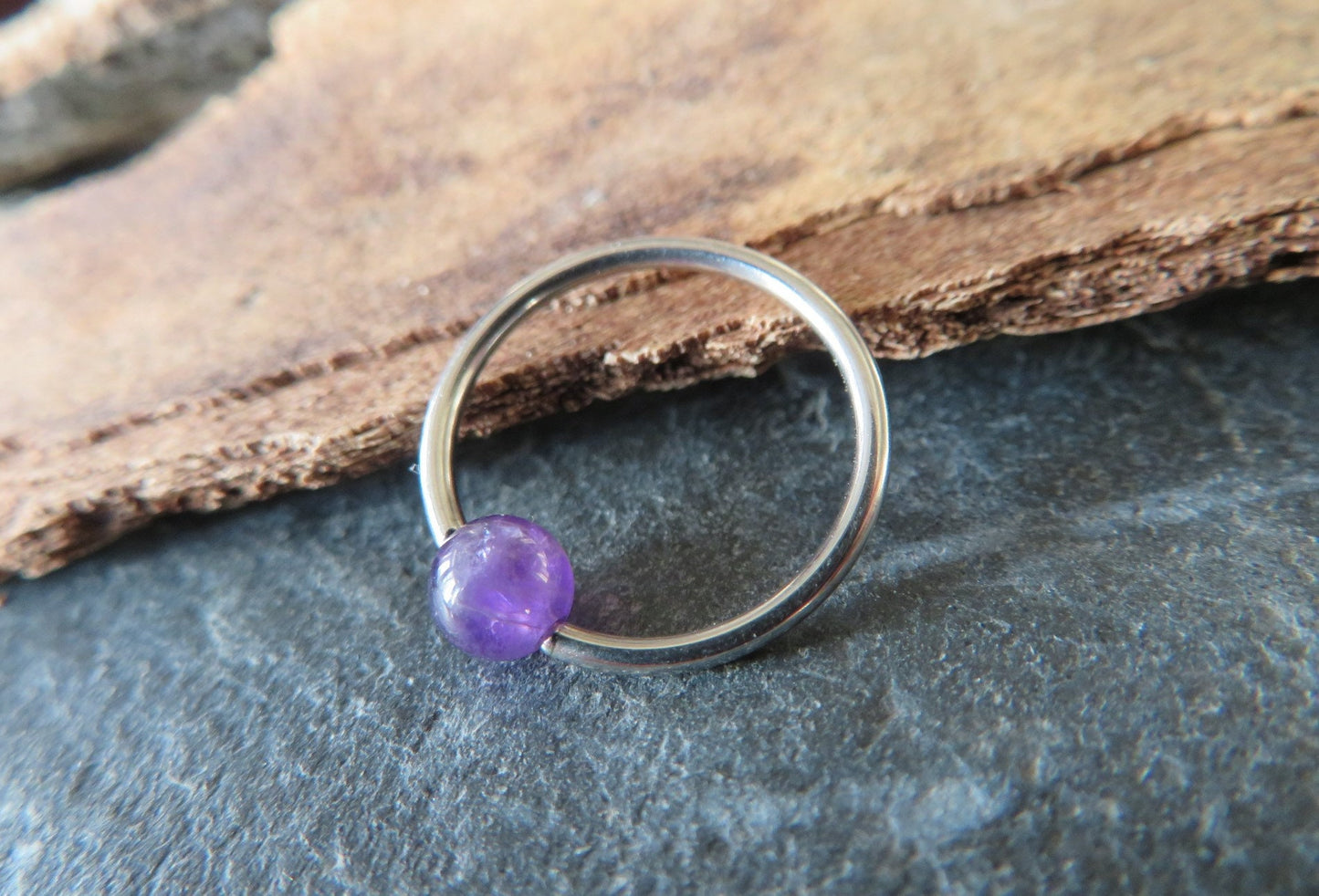 Pure Titanium T-23 Implant Grade Natural Purple Amethyst Stone Bead CBR Ring Hoop 16G (1.2mm) 14G (1.6mm) Nose Cartilage Septum Lip Piercing