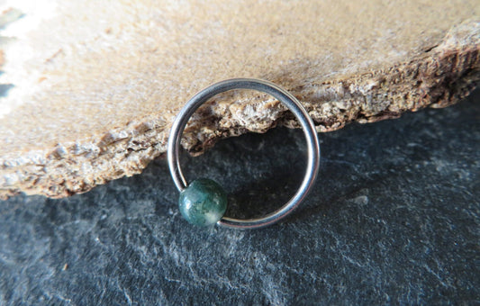 Pure Titanium T-23 Implant Grade Natural Moss Agate Stone Bead CBR Ring Hoop 16G (1.2mm) 14G (1.6mm) Nose Cartilage Septum Lip Piercing