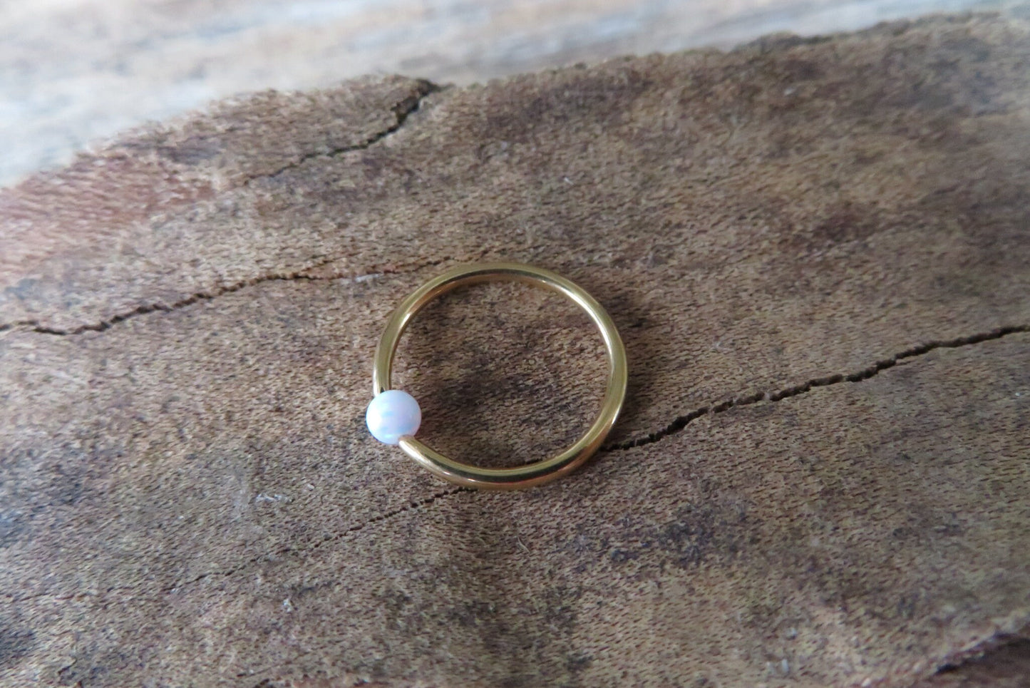 Gold White Fire Opal Bead CBR Ring Hoop 16G (1.2mm) 14G (1.6mm) Nose Cartilage Septum Lip Piercing 316L Surgical Steel