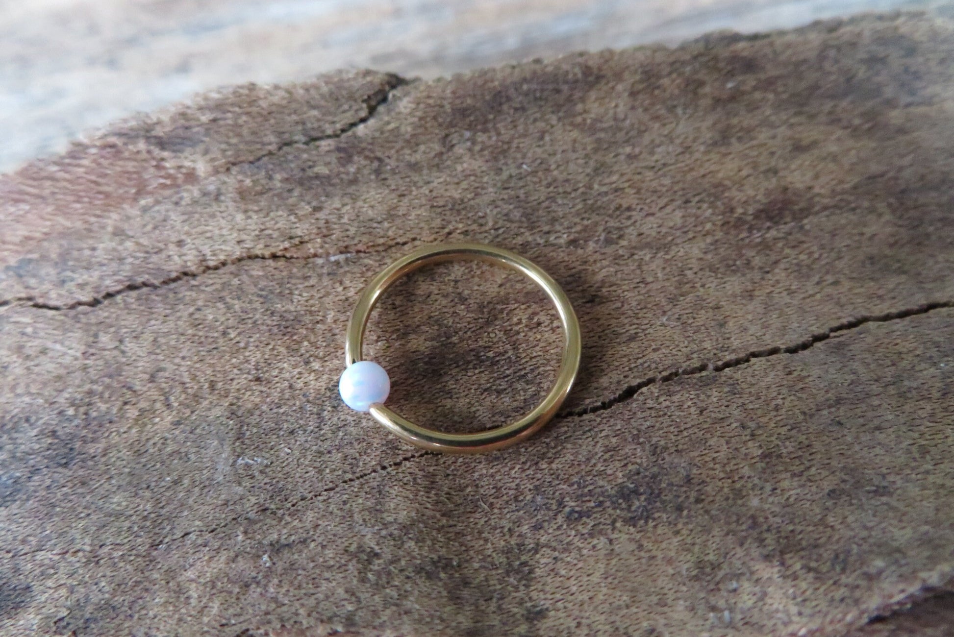 Gold White Fire Opal Bead CBR Ring Hoop 16G (1.2mm) 14G (1.6mm) Nose Cartilage Septum Lip Piercing 316L Surgical Steel