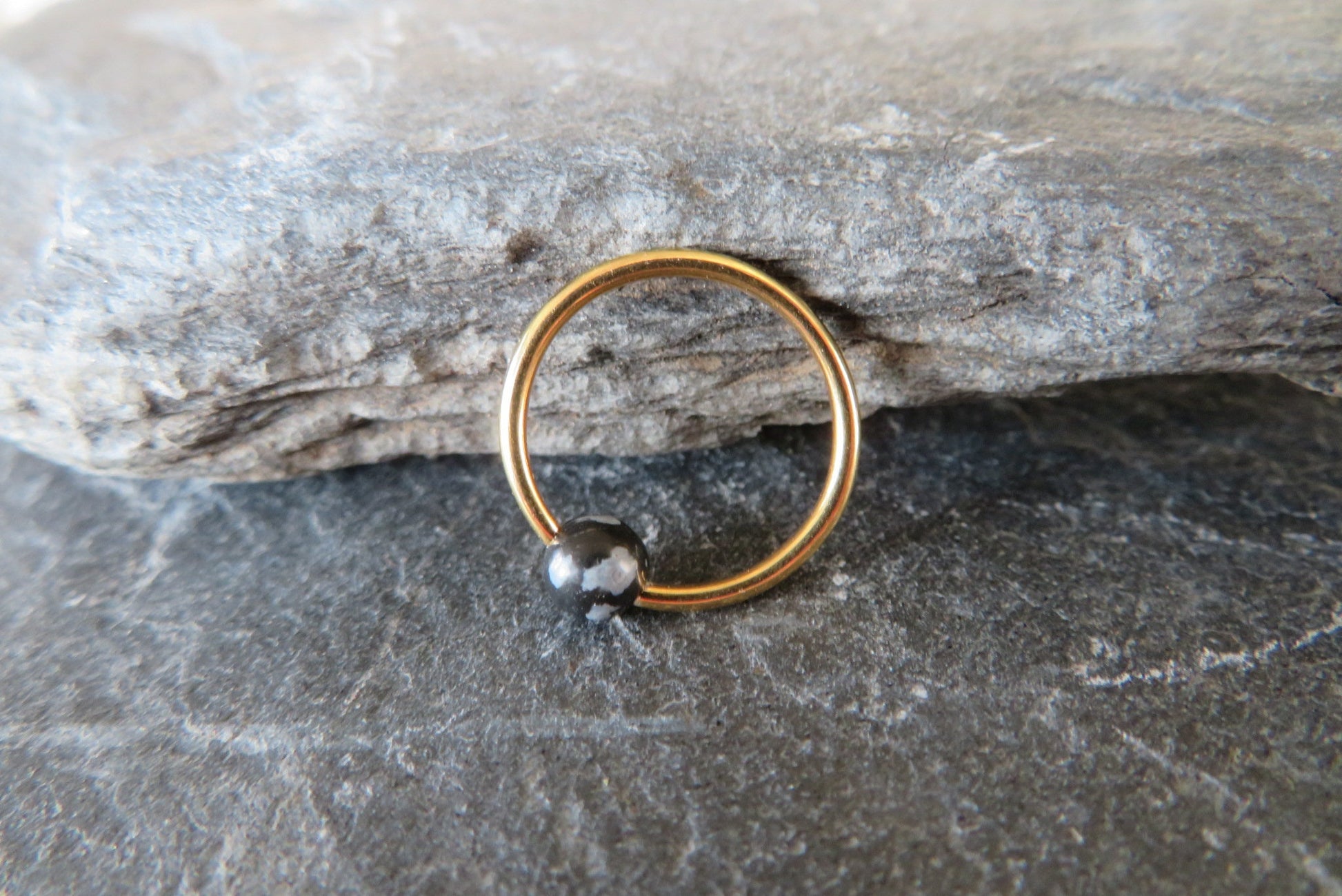 Natural Snowflake Obsidian Stone Bead Gold Titanium Plated CBR Ring Hoop 16G (1.2mm) 14G (1.6mm) Nose Cartilage Septum Piercing 316L Steel