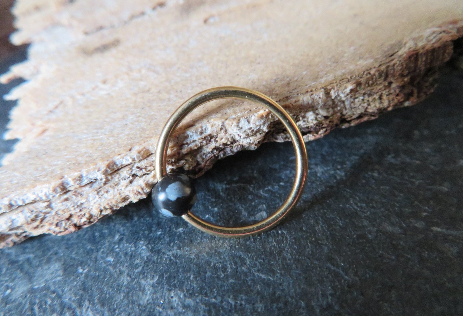 Natural Snowflake Obsidian Stone Bead Gold Titanium Plated CBR Ring Hoop 16G (1.2mm) 14G (1.6mm) Nose Cartilage Septum Piercing 316L Steel