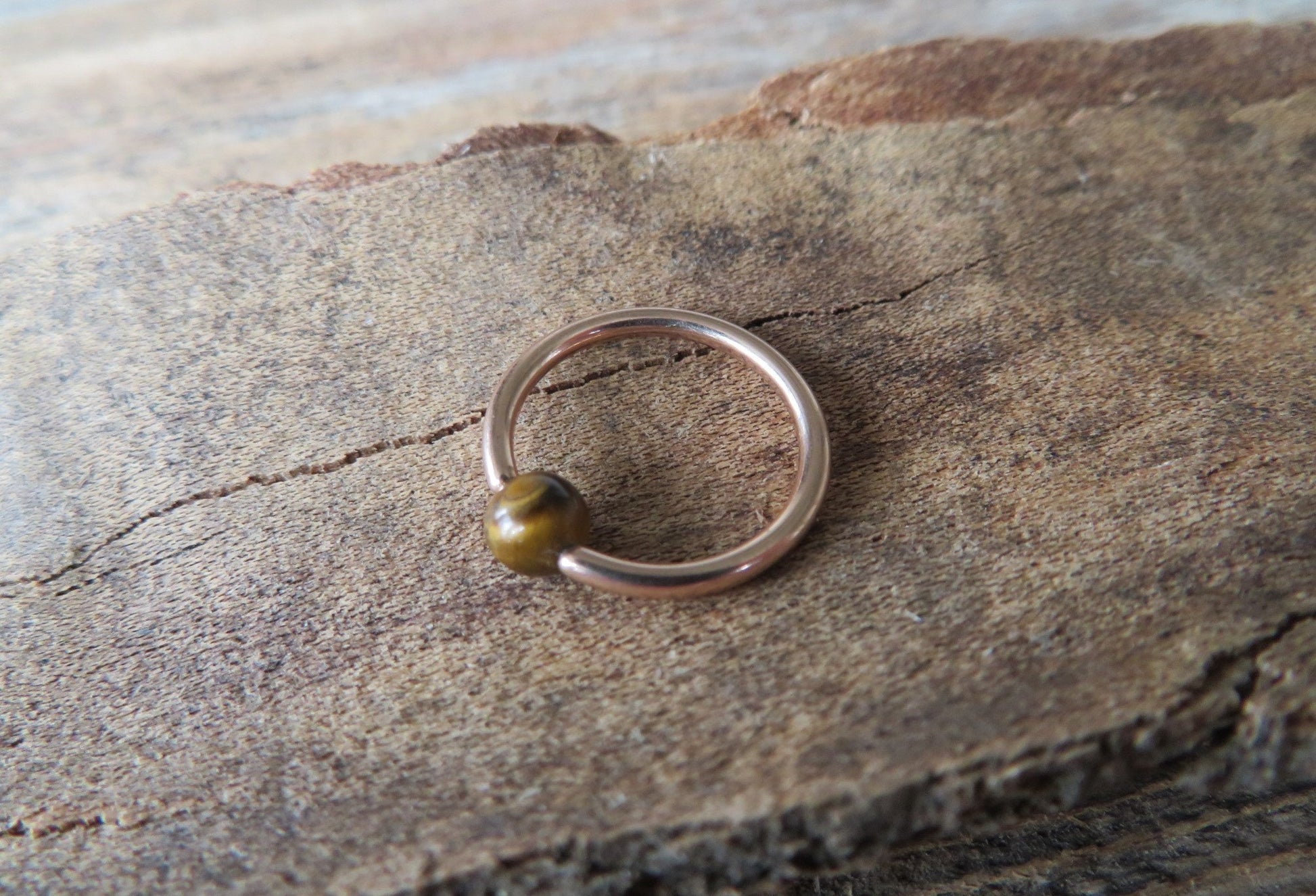 Natural Yellow Tiger's Eye Stone Bead Rose Gold Titanium Plated CBR Ring Hoop 16G (1.2mm) 14G (1.6mm) Nose Cartilage Septum Piercing Steel