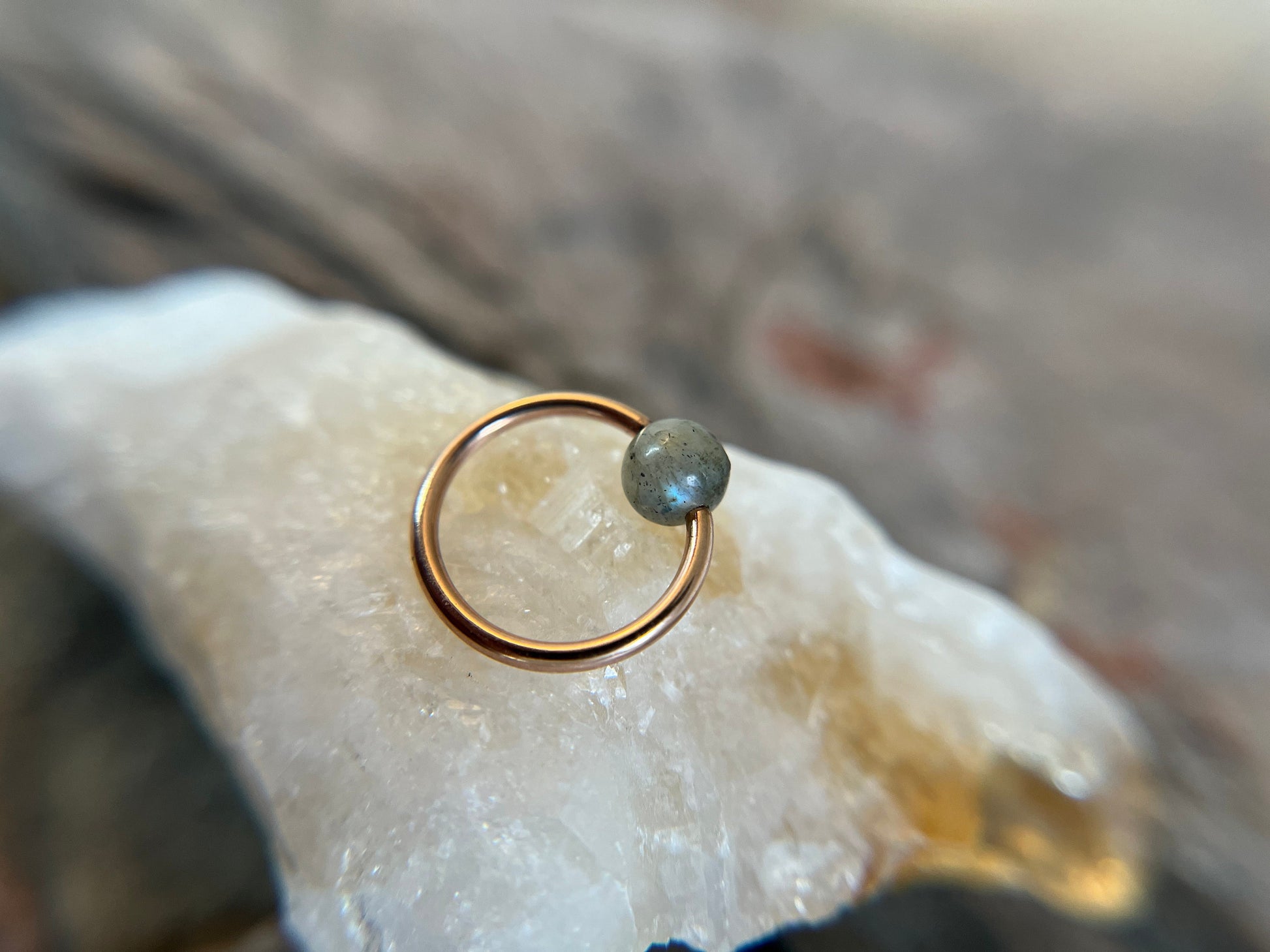 Natural Labradorite Stone Bead Rose Gold Titanium Plated CBR Ring Hoop 16G (1.2mm) 14G (1.6mm) Nose Helix Septum Piercing 316L Steel