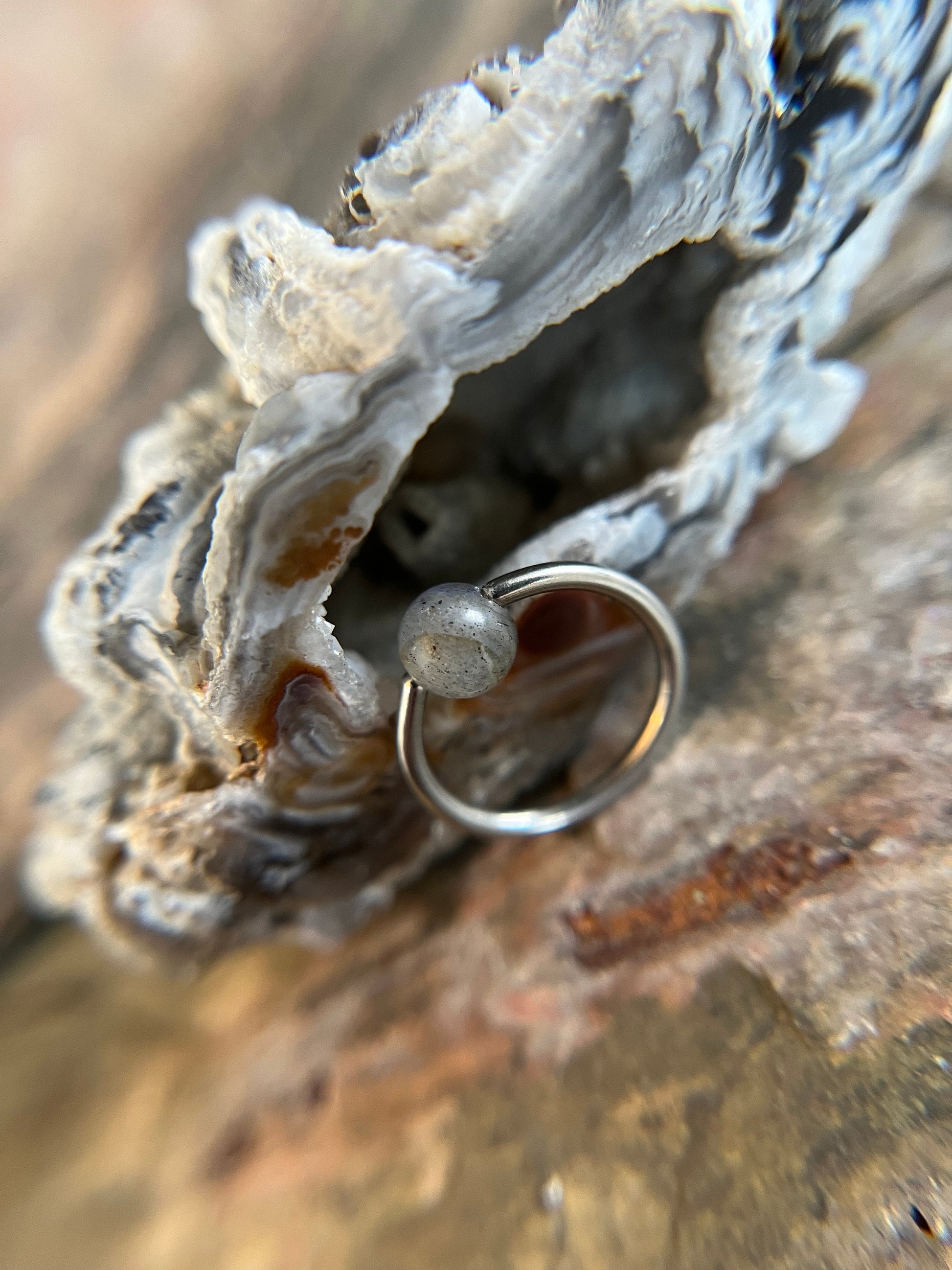 Natural Labradorite Stone Bead Steel CBR Ring Hoop 16G (1.2mm) 14G (1.6mm) Nose Cartilage Septum Piercing 316L Surgical Hypoallergenic Flash
