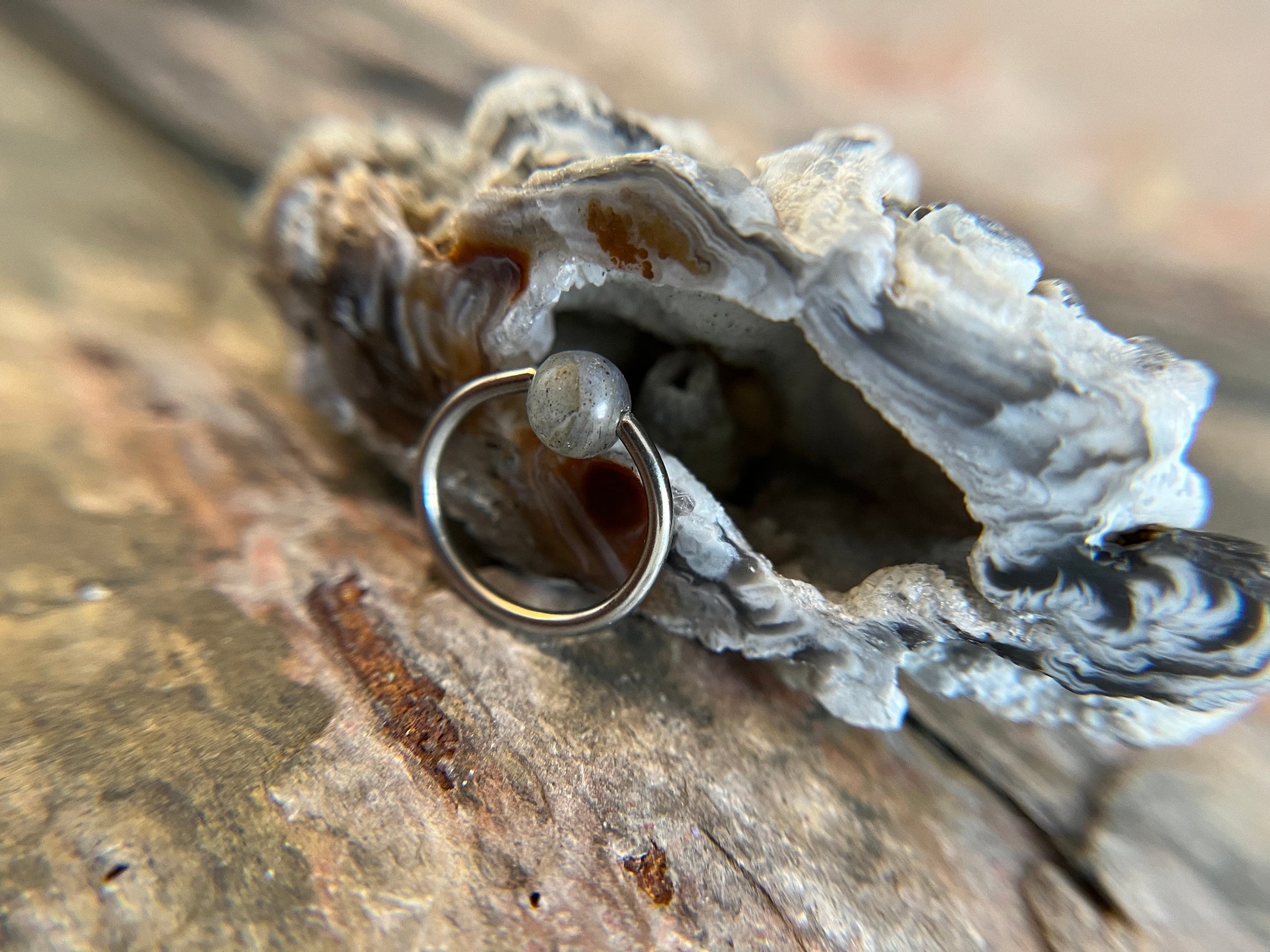 Natural Labradorite Stone Bead Steel CBR Ring Hoop 16G (1.2mm) 14G (1.6mm) Nose Cartilage Septum Piercing 316L Surgical Hypoallergenic Flash