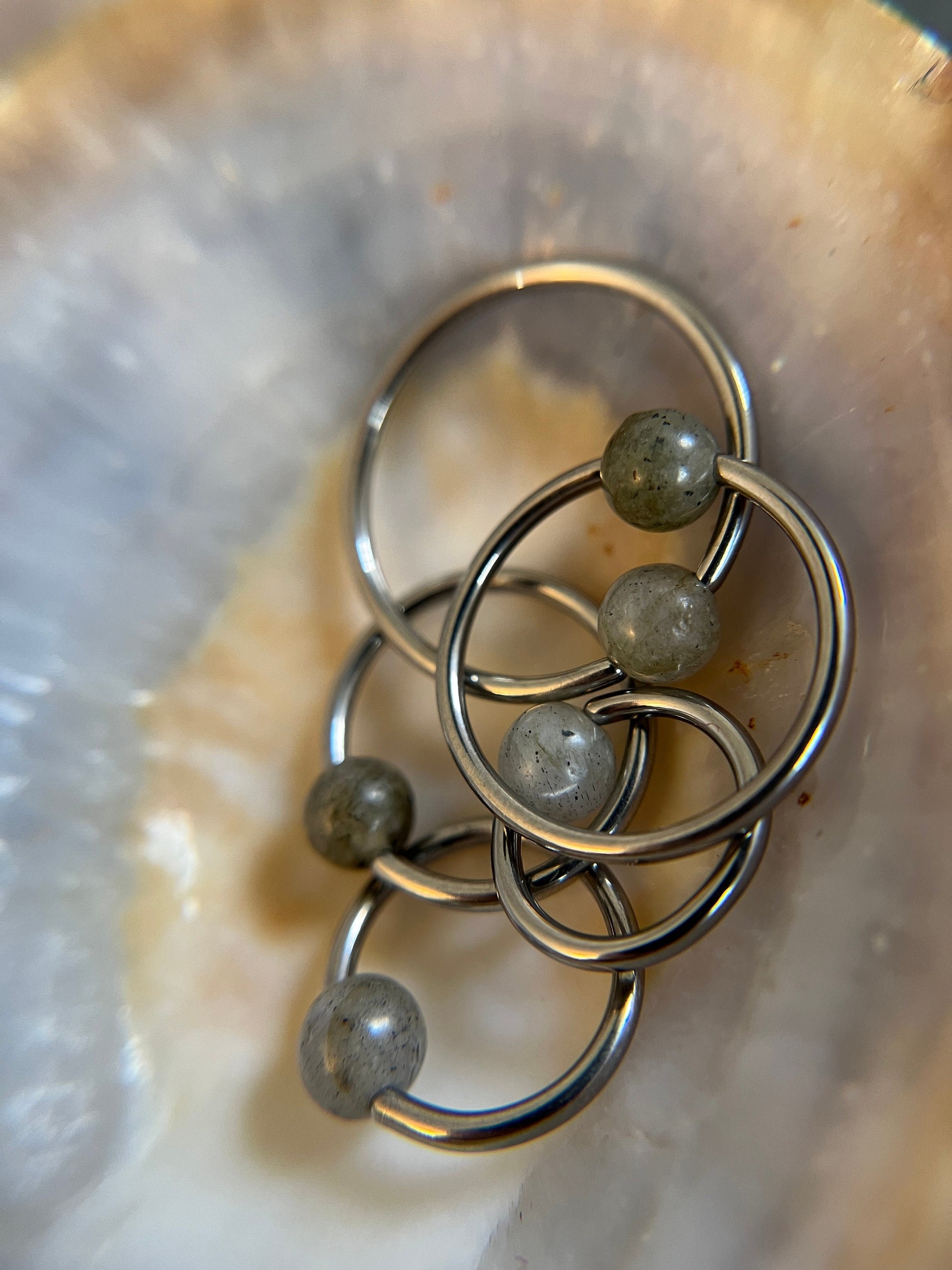Natural Labradorite Stone Bead Steel CBR Ring Hoop 16G (1.2mm) 14G (1.6mm) Nose Cartilage Septum Piercing 316L Surgical Hypoallergenic Flash