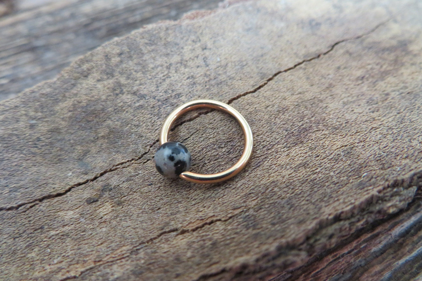 Natural Dalmatian Jasper Stone Bead Rose Gold Titanium Plated CBR Ring Hoop 16G (1.2mm) 14G (1.6mm) Nose Cartilage Septum Piercing Steel