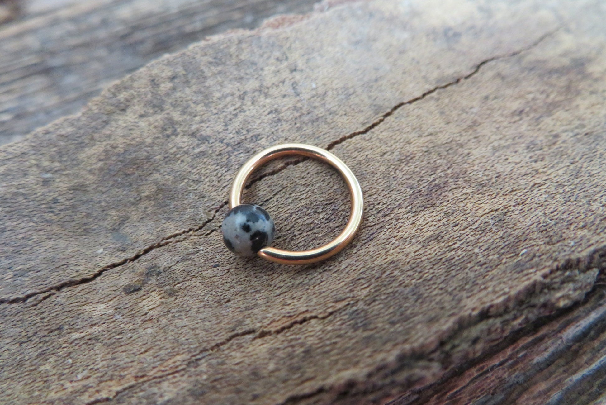 Natural Dalmatian Jasper Stone Bead Rose Gold Titanium Plated CBR Ring Hoop 16G (1.2mm) 14G (1.6mm) Nose Cartilage Septum Piercing Steel