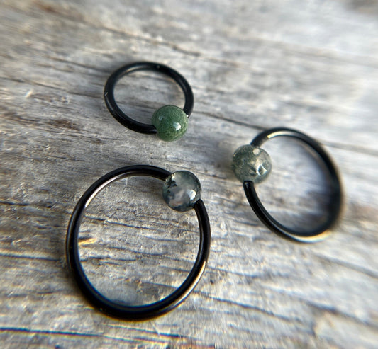 Natural Moss Agate Stone Bead Black Titanium Plated CBR Ring Hoop 16G (1.2mm) 14G (1.6mm) Nose Cartilage Septum Piercing 316L Surgical Steel