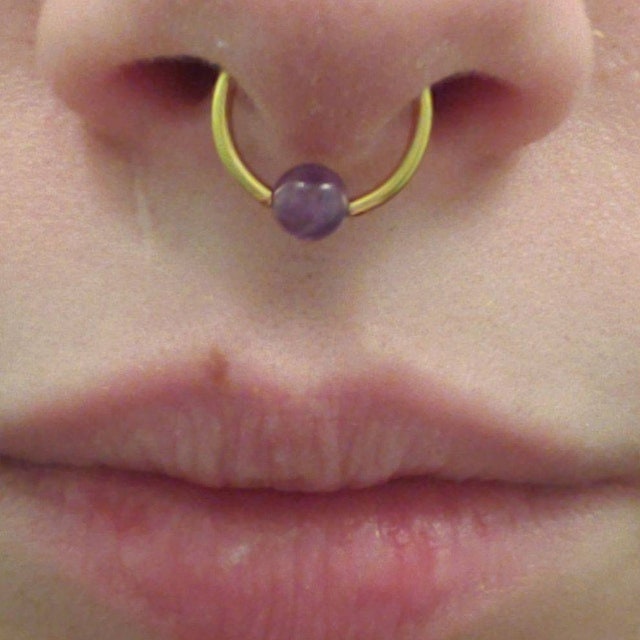 Natural Pink Rose Quartz Stone Bead Gold Titanium Plated CBR Ring Hoop 16G (1.2mm) 14G (1.6mm) Nose Cartilage Septum Piercing 316L Steel