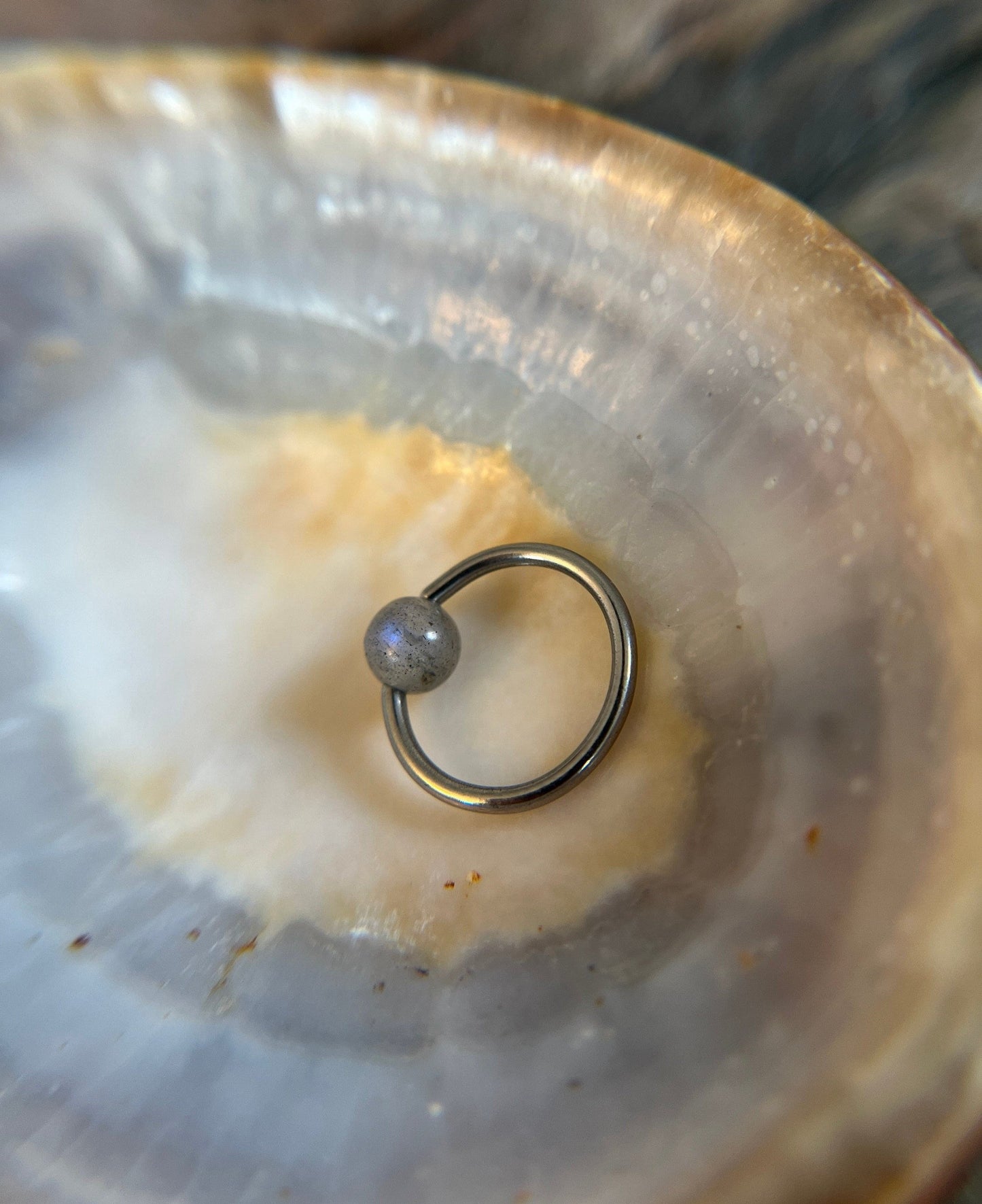 Pure Titanium T-23 Implant Grade Natural Labradorite Stone Bead CBR Ring Hoop 16G (1.2mm) 14G (1.6mm) Nose Helix Septum Lip Piercing