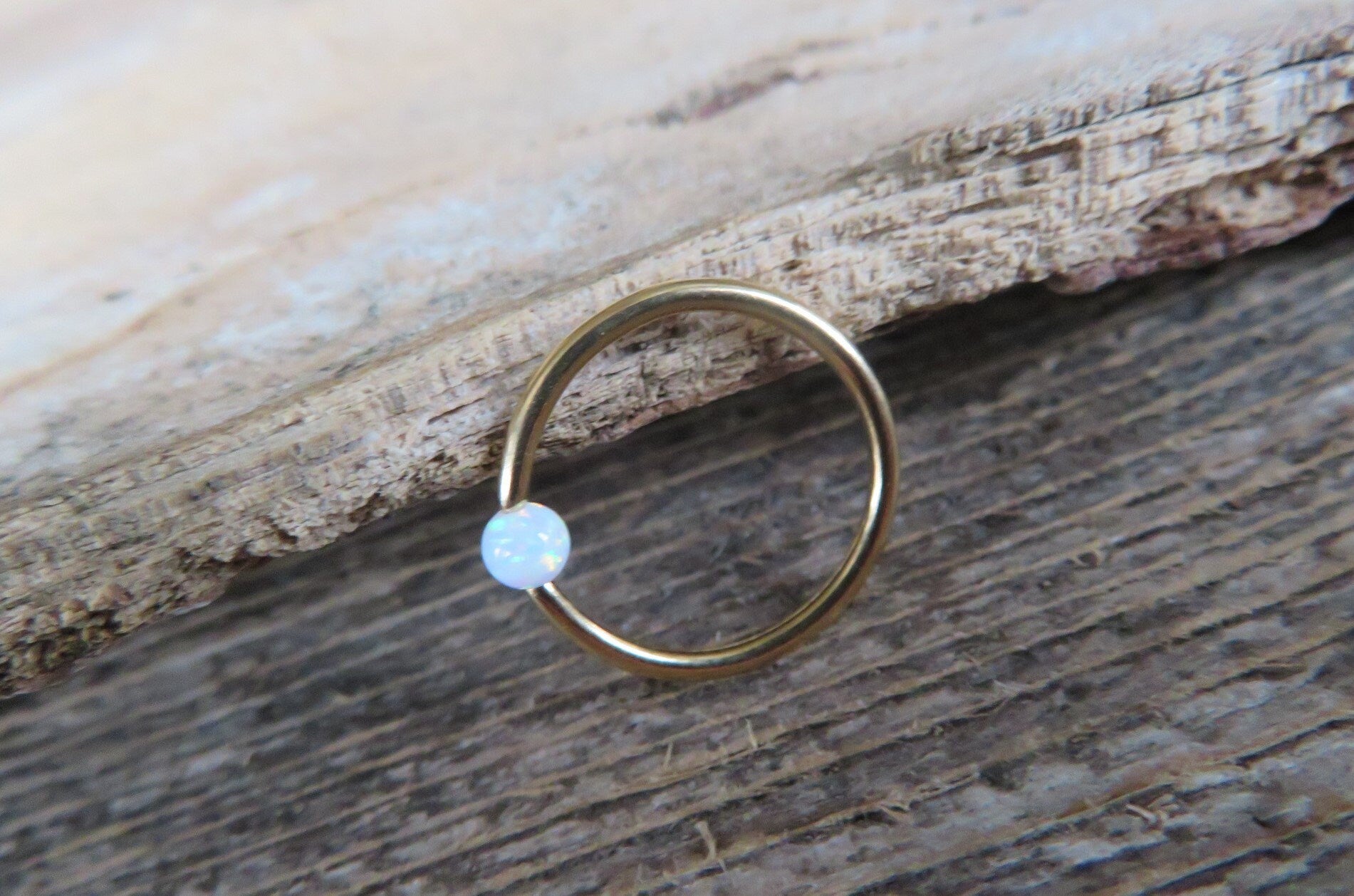 Gold White Fire Opal Bead CBR Ring Hoop 16G (1.2mm) 14G (1.6mm) Nose Cartilage Septum Lip Piercing 316L Surgical Steel