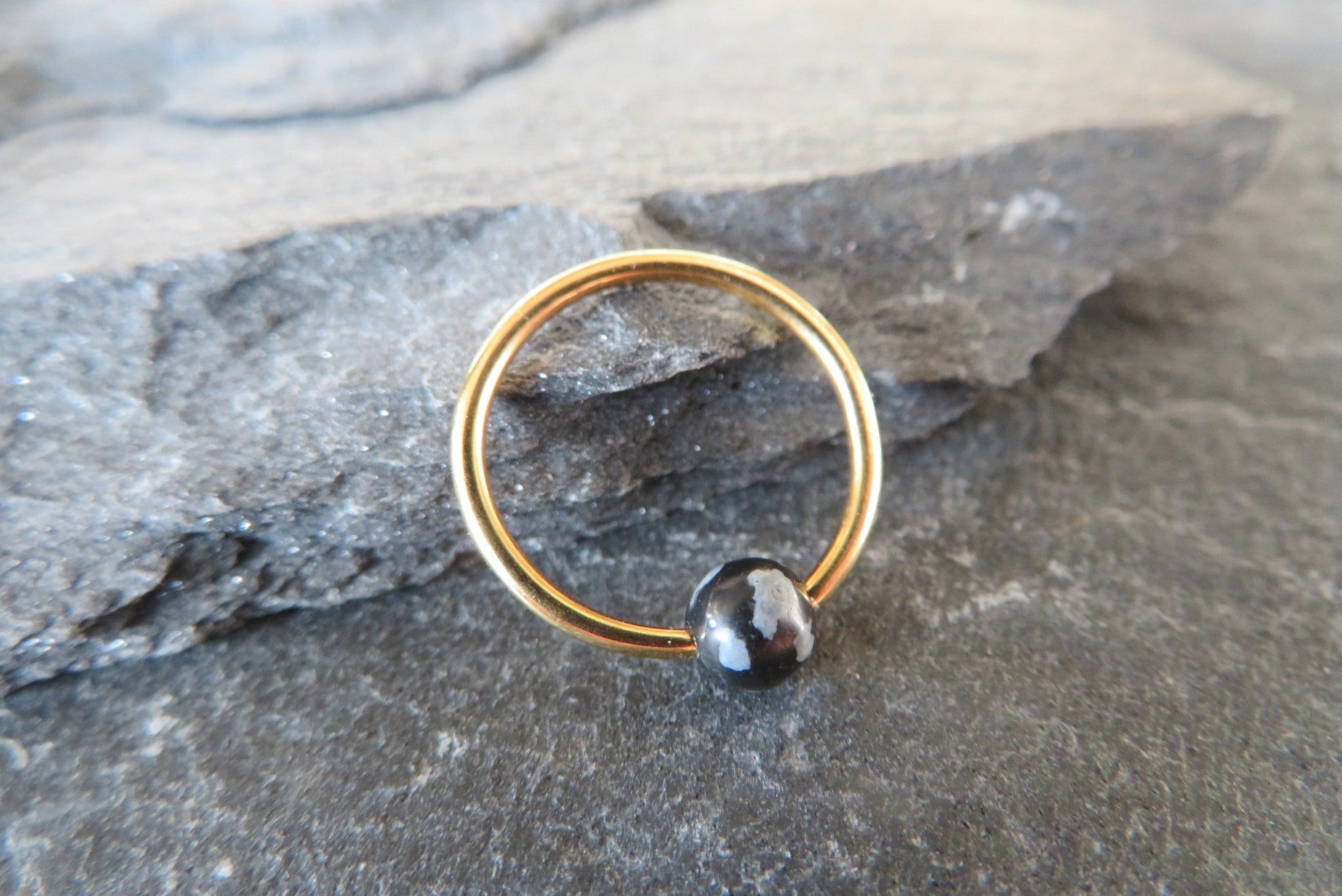 Natural Snowflake Obsidian Stone Bead Gold Titanium Plated CBR Ring Hoop 16G (1.2mm) 14G (1.6mm) Nose Cartilage Septum Piercing 316L Steel