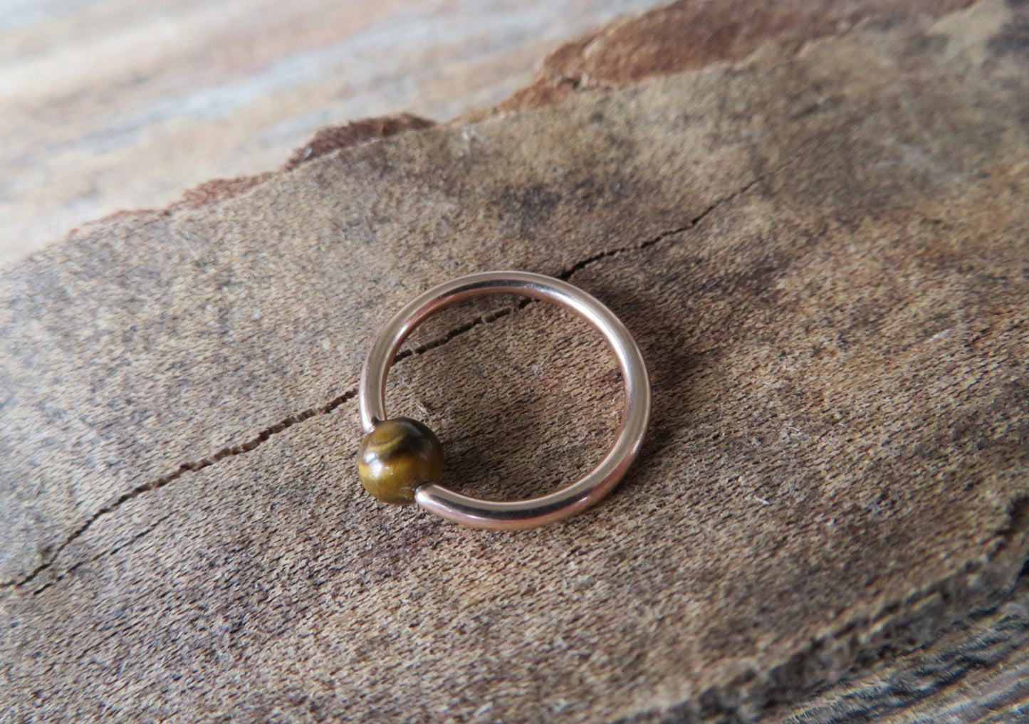 Natural Yellow Tiger's Eye Stone Bead Rose Gold Titanium Plated CBR Ring Hoop 16G (1.2mm) 14G (1.6mm) Nose Cartilage Septum Piercing Steel
