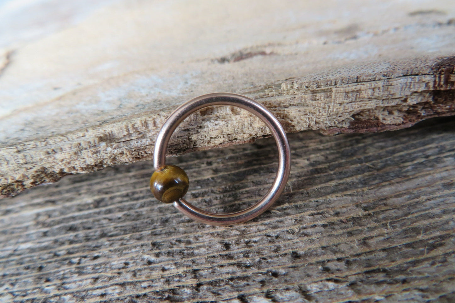 Natural Yellow Tiger's Eye Stone Bead Rose Gold Titanium Plated CBR Ring Hoop 16G (1.2mm) 14G (1.6mm) Nose Cartilage Septum Piercing Steel