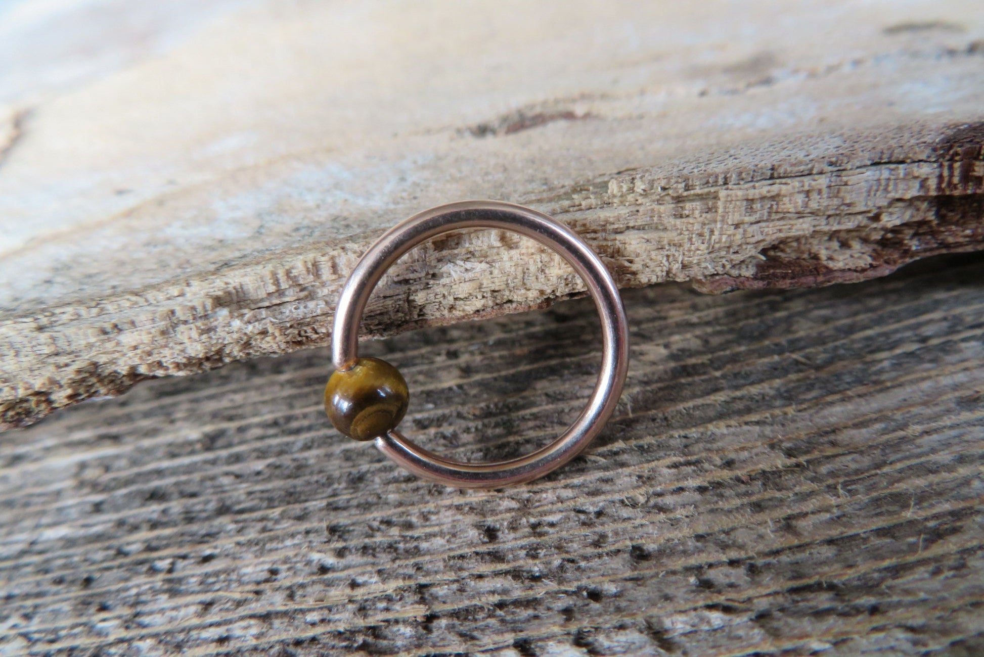 Natural Yellow Tiger's Eye Stone Bead Rose Gold Titanium Plated CBR Ring Hoop 16G (1.2mm) 14G (1.6mm) Nose Cartilage Septum Piercing Steel