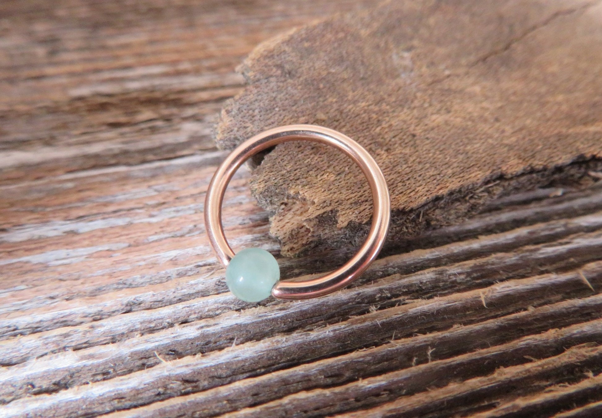 Natural Green Aventurine Stone Bead Rose Gold Titanium Plated CBR Ring Hoop 16G (1.2mm) 14G (1.6mm) Nose Helix Septum Piercing 316L Steel