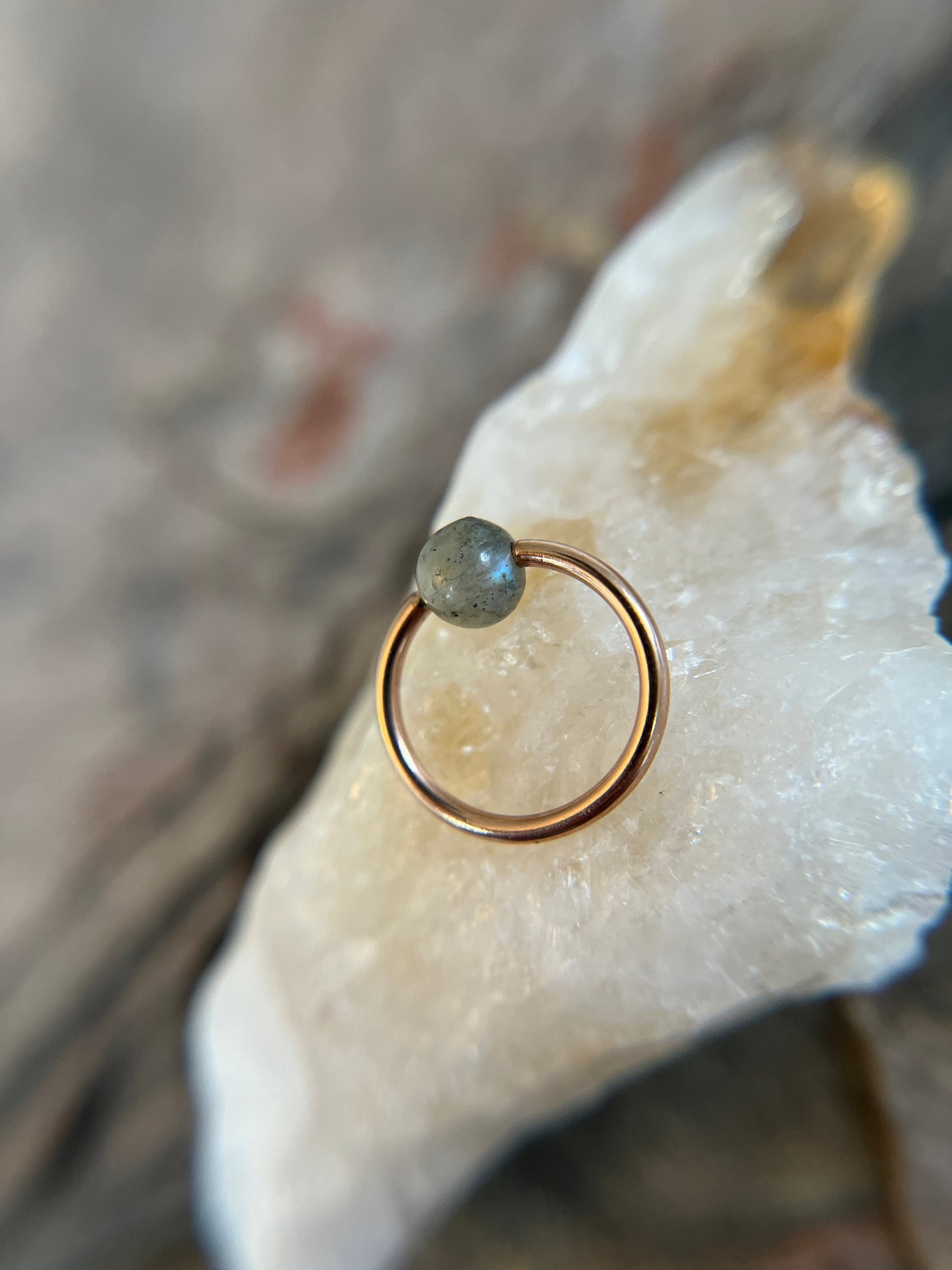 Natural Labradorite Stone Bead Rose Gold Titanium Plated CBR Ring Hoop 16G (1.2mm) 14G (1.6mm) Nose Helix Septum Piercing 316L Steel
