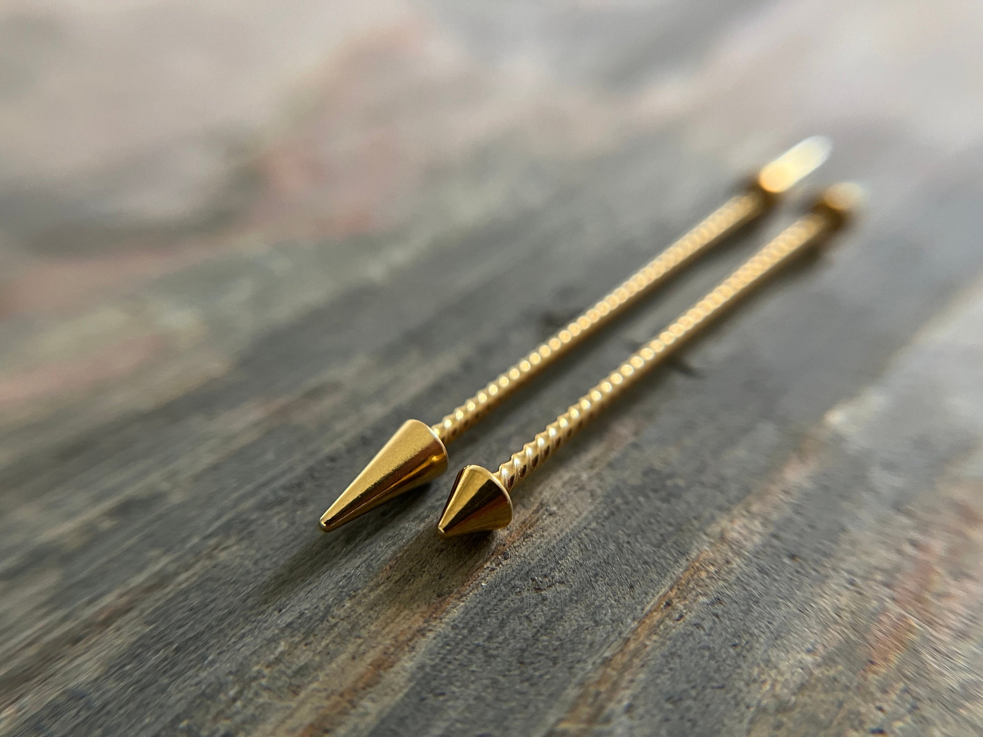 Gold Titanium Ion Plated Surgical Steel Twisted Braided Long Spikes Industrial Scaffold Bar 14G (1.6mm) Piercing Piercings Barbell Spiked