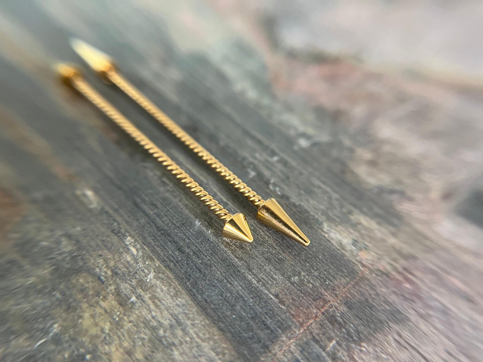 Gold Titanium Ion Plated Surgical Steel Twisted Braided Long Spikes Industrial Scaffold Bar 14G (1.6mm) Piercing Piercings Barbell Spiked