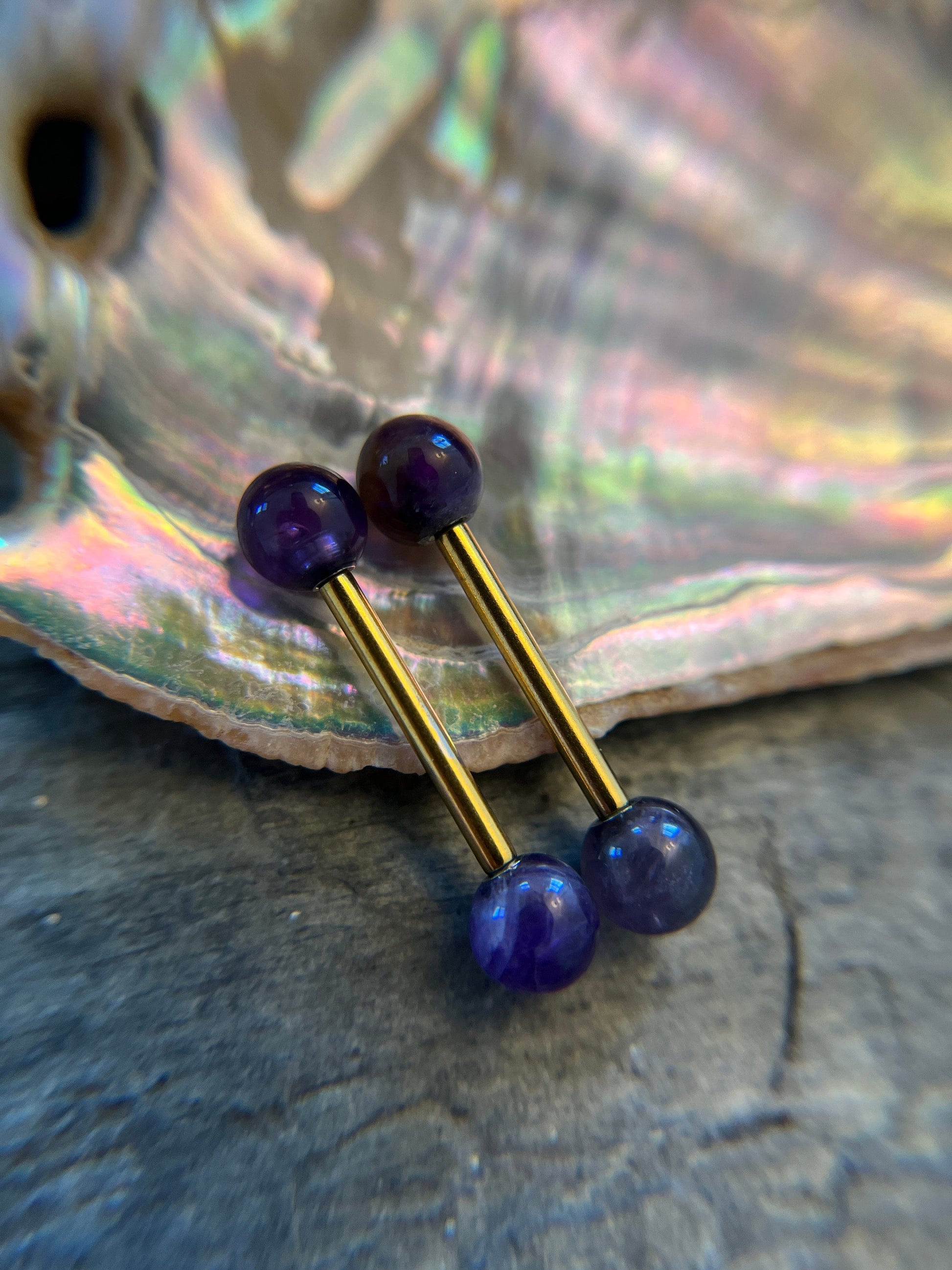 Petite Stones Gold Titanium Ion Plated Natural Purple Amethyst 5mm Stone Nipple Tongue Ring 14G (1.6mm) Barbell Barbells Bars Piercing