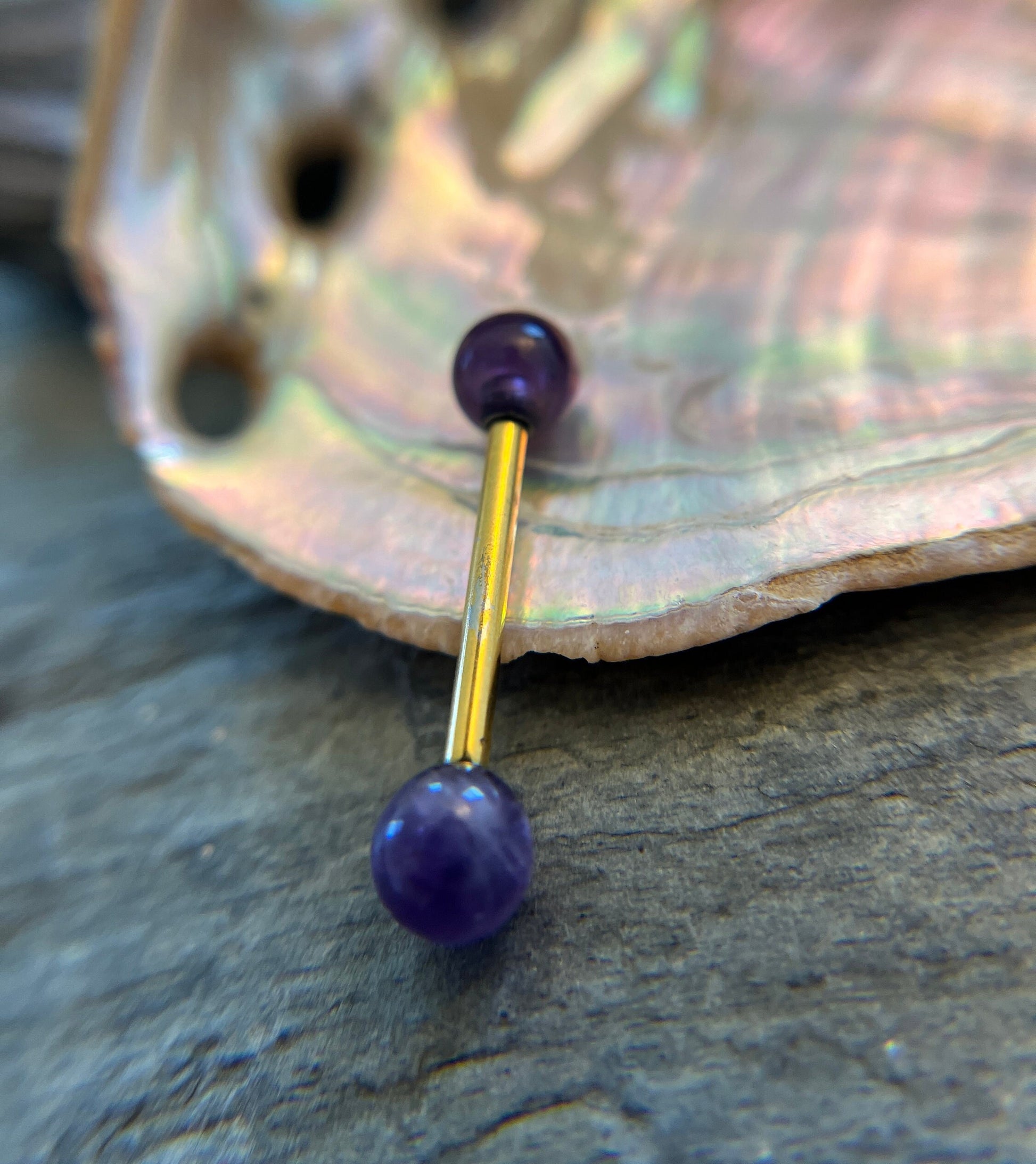Petite Stones Gold Titanium Ion Plated Natural Purple Amethyst 5mm Stone Nipple Tongue Ring 14G (1.6mm) Barbell Barbells Bars Piercing