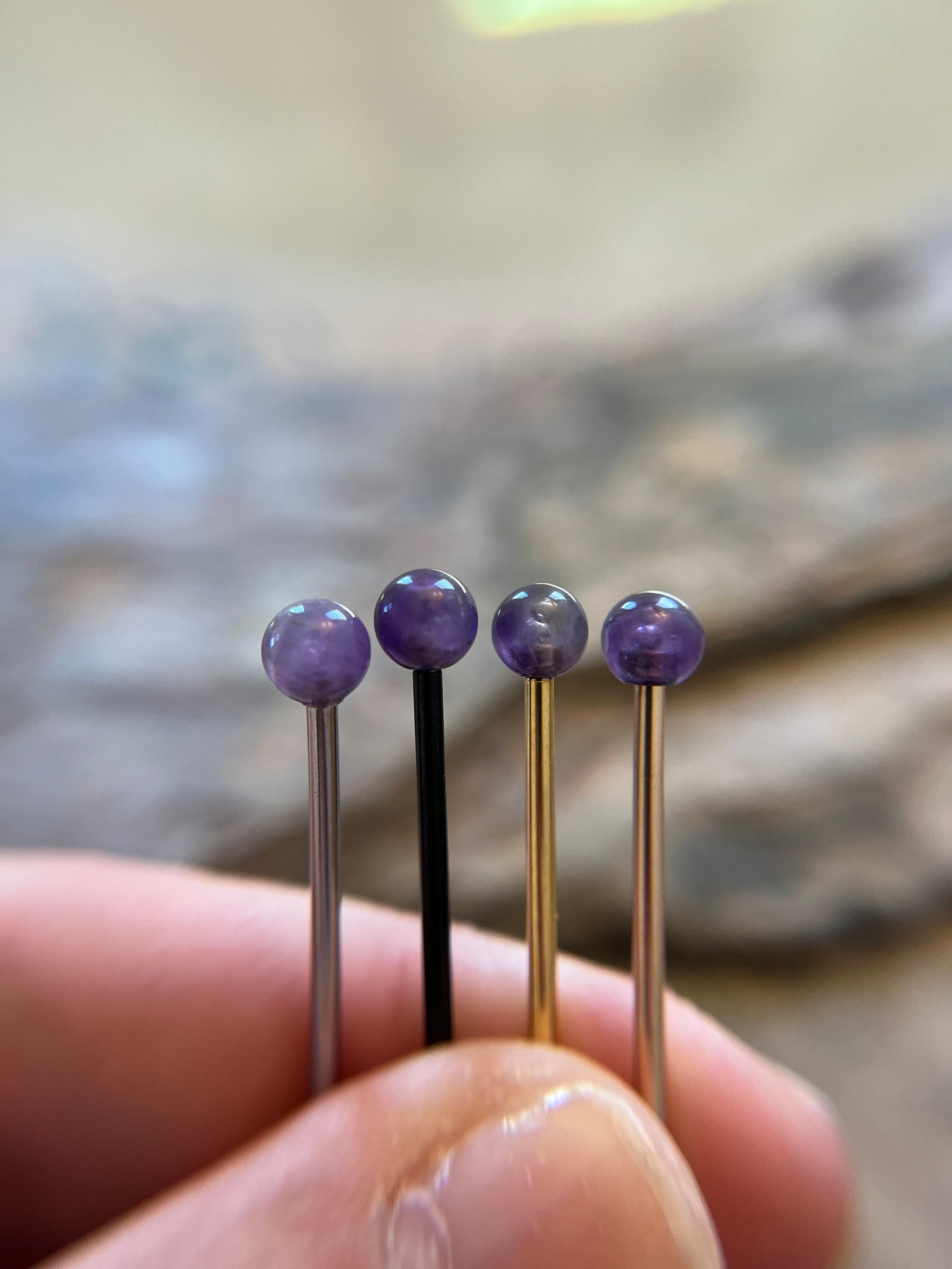 Rose Gold Pick Your Finish Petite Stones Ion Plated Natural Amethyst Industrial Scaffold Bar Barbell 14G (1.6mm) Piercing Piercings