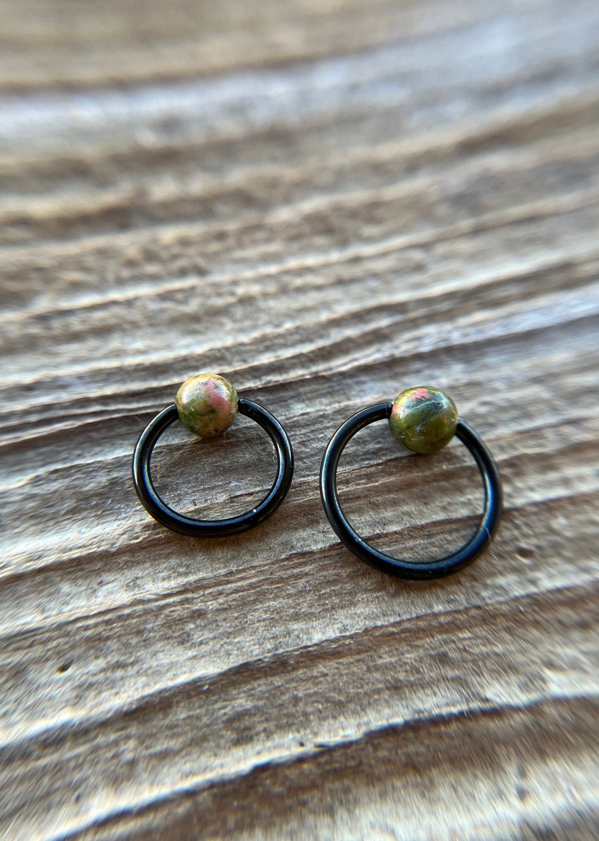 Natural Unakite Jasper Stone Bead Black Titanium Plated CBR Ring Hoop 16G (1.2mm) 14G (1.6mm) Nose Cartilage Septum Piercing 316L Steel