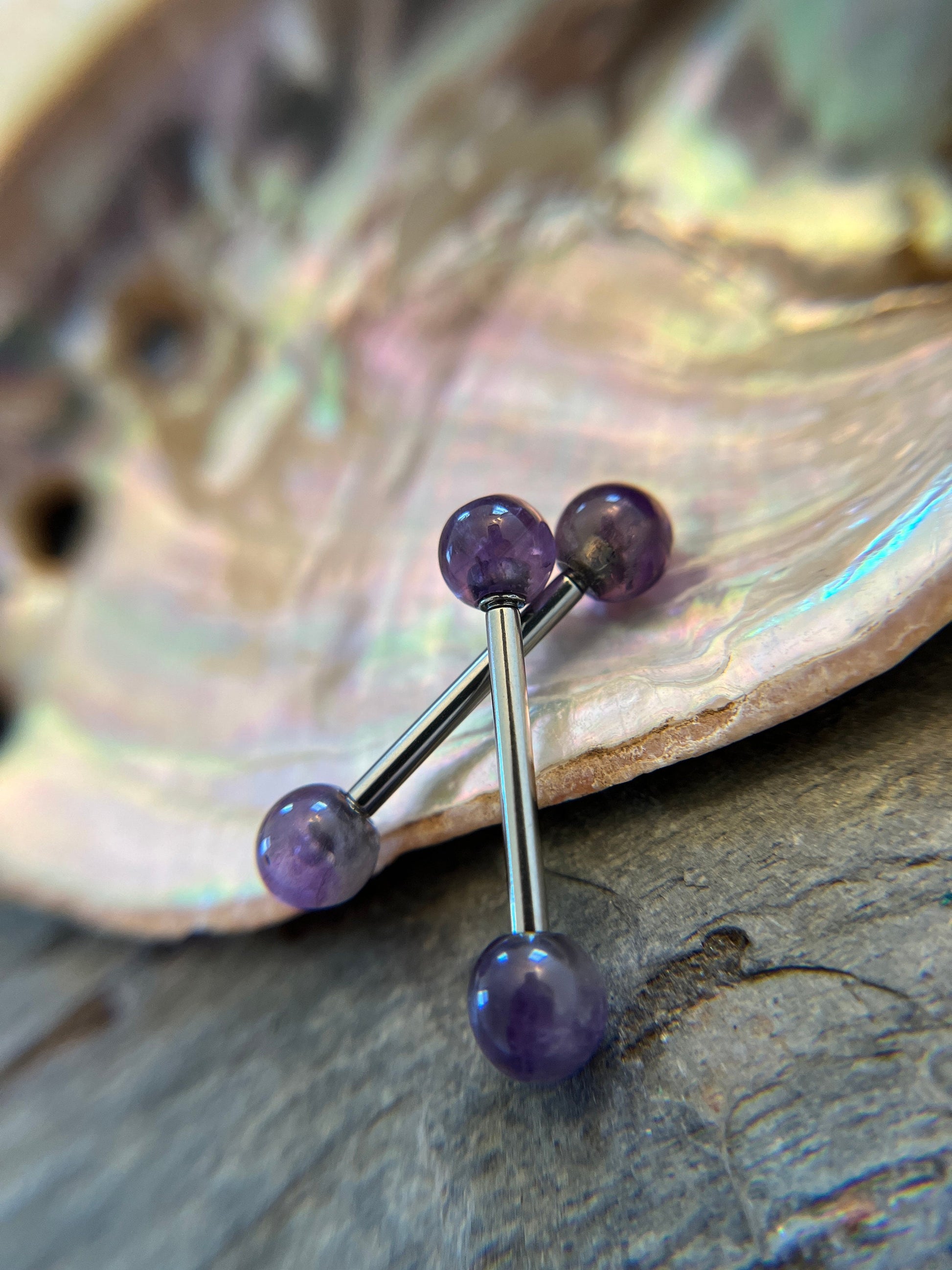 Petite Steel Natural Amethyst Stone Nipple Tongue Ring Barbell 14G (1.6mm) Piercing Piercings Barbells Bars Hypoallergenic Surgical Silver