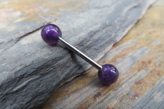 Petite Steel Natural Amethyst Stone Nipple Tongue Ring Barbell 14G (1.6mm) Piercing Piercings Barbells Bars Hypoallergenic Surgical Silver