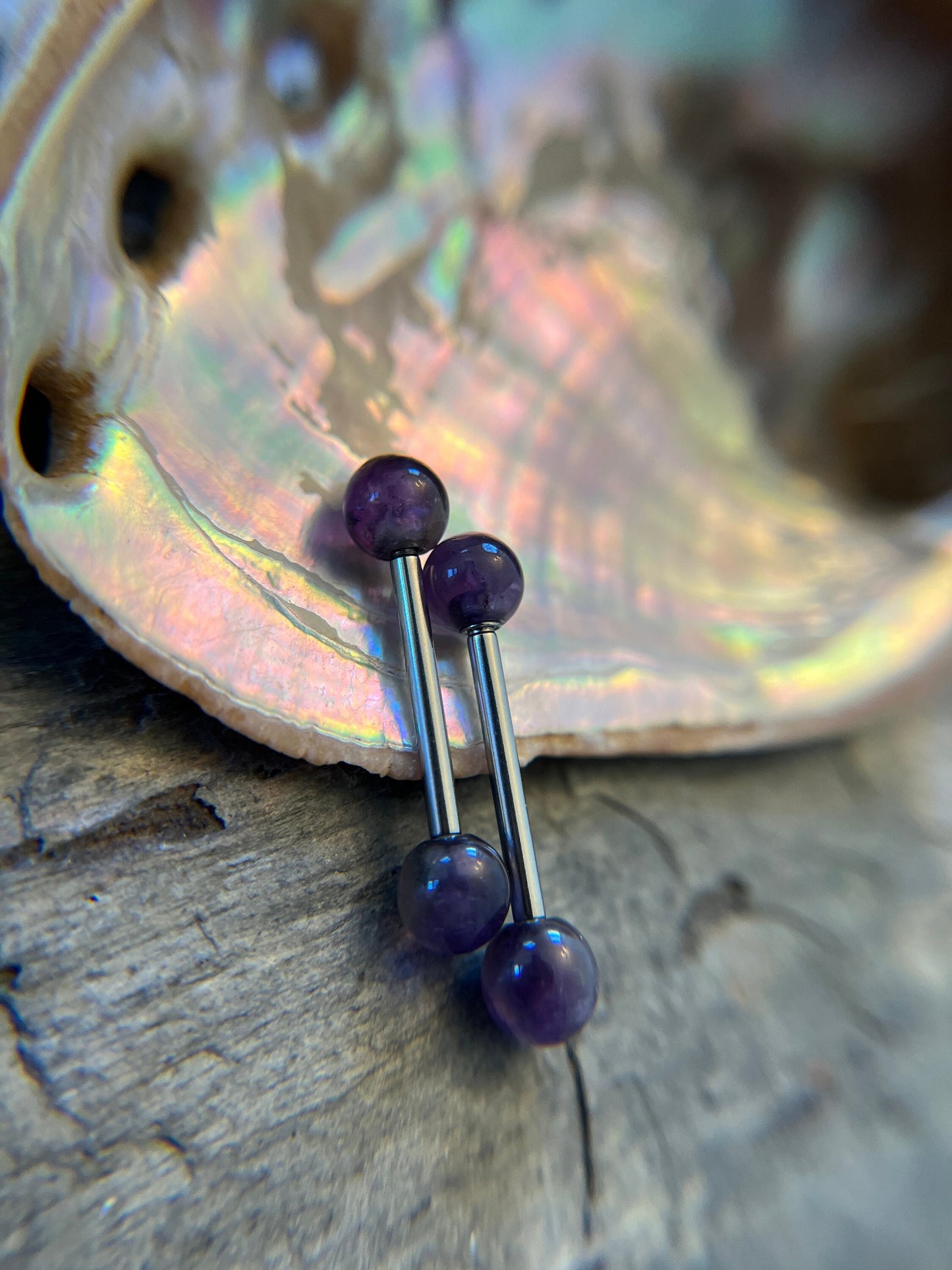Petite Steel Natural Amethyst Stone Nipple Tongue Ring Barbell 14G (1.6mm) Piercing Piercings Barbells Bars Hypoallergenic Surgical Silver