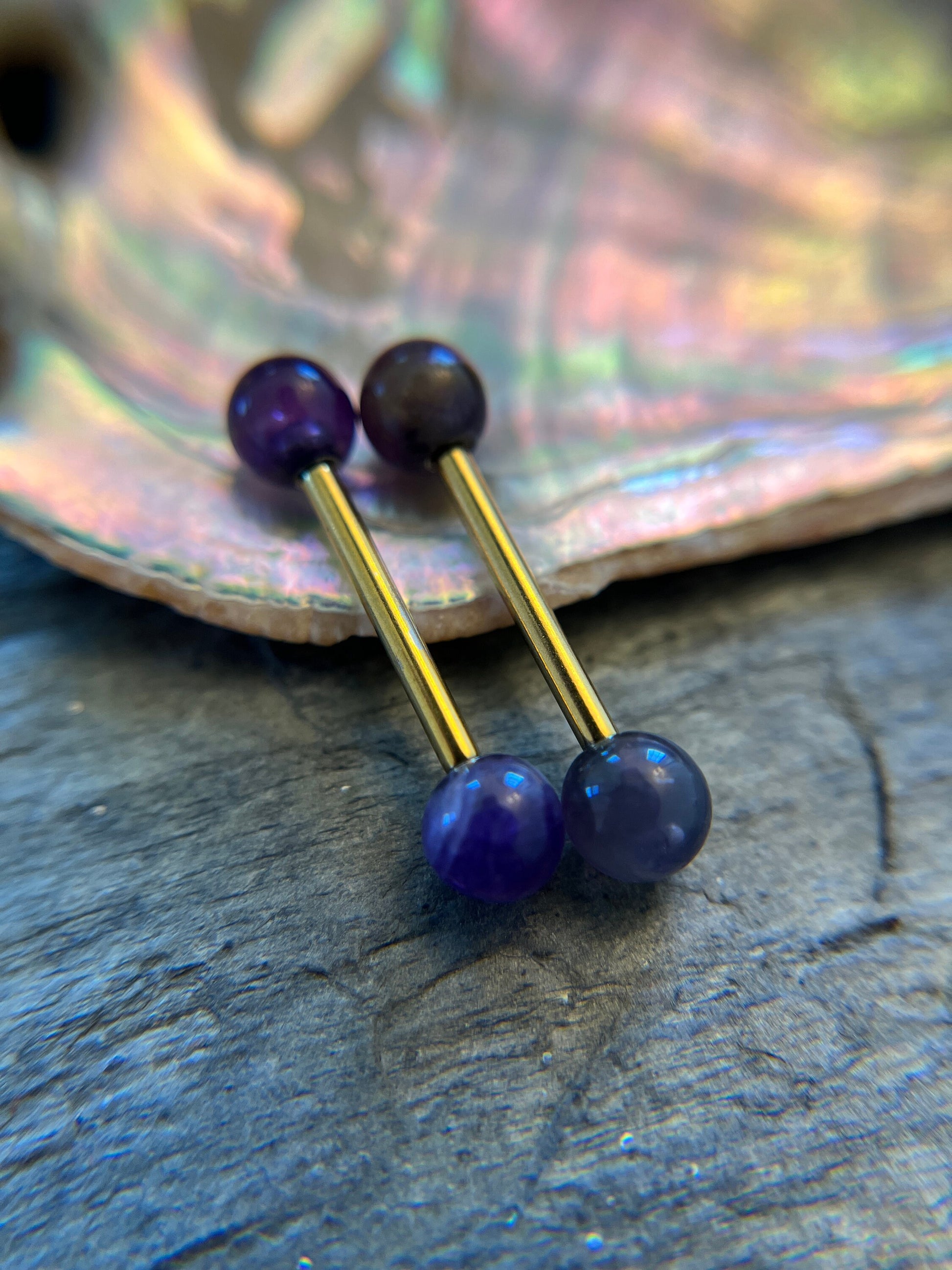 Petite Stones Gold Titanium Ion Plated Natural Purple Amethyst 5mm Stone Nipple Tongue Ring 14G (1.6mm) Barbell Barbells Bars Piercing