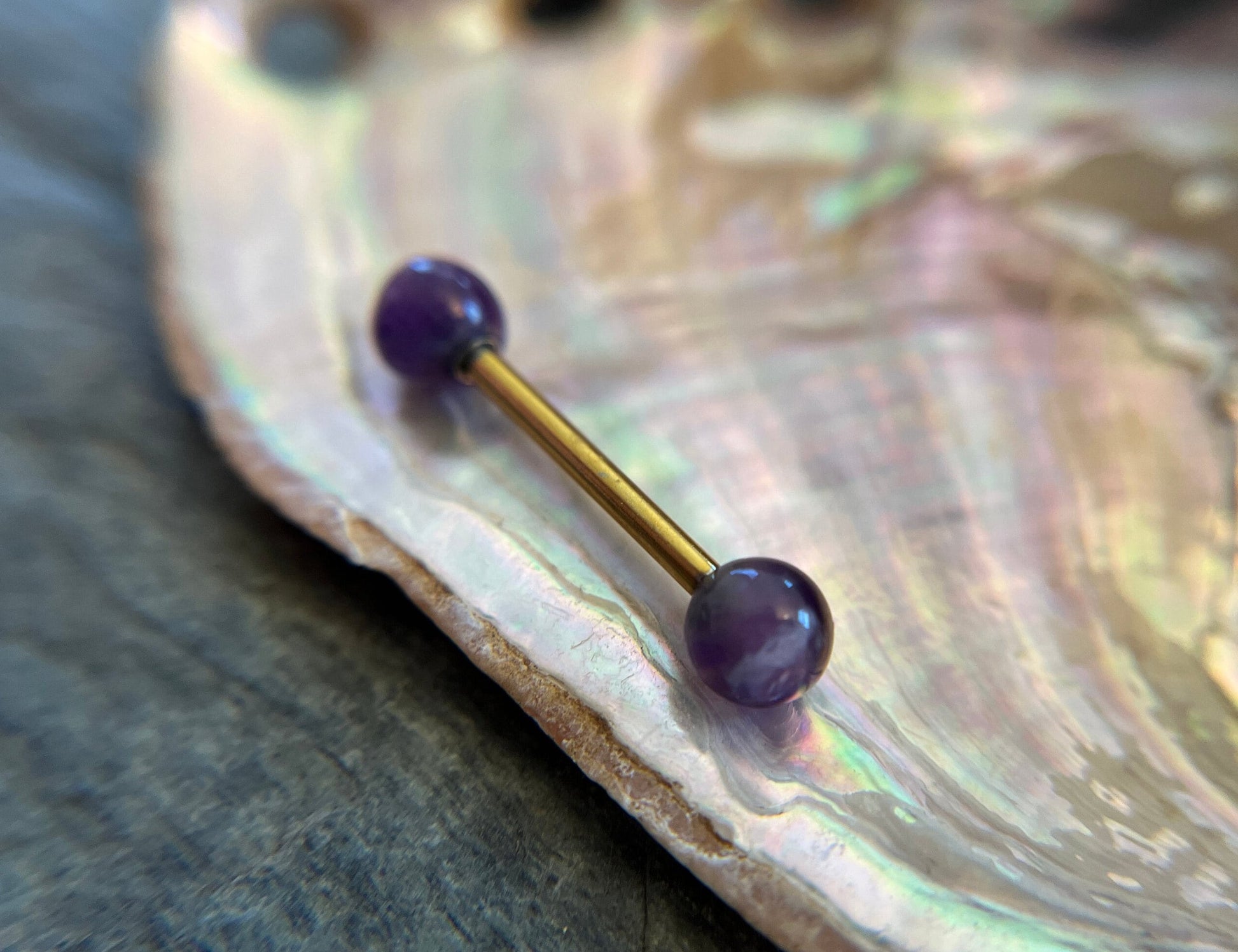 Petite Stones Gold Titanium Ion Plated Natural Purple Amethyst 5mm Stone Nipple Tongue Ring 14G (1.6mm) Barbell Barbells Bars Piercing