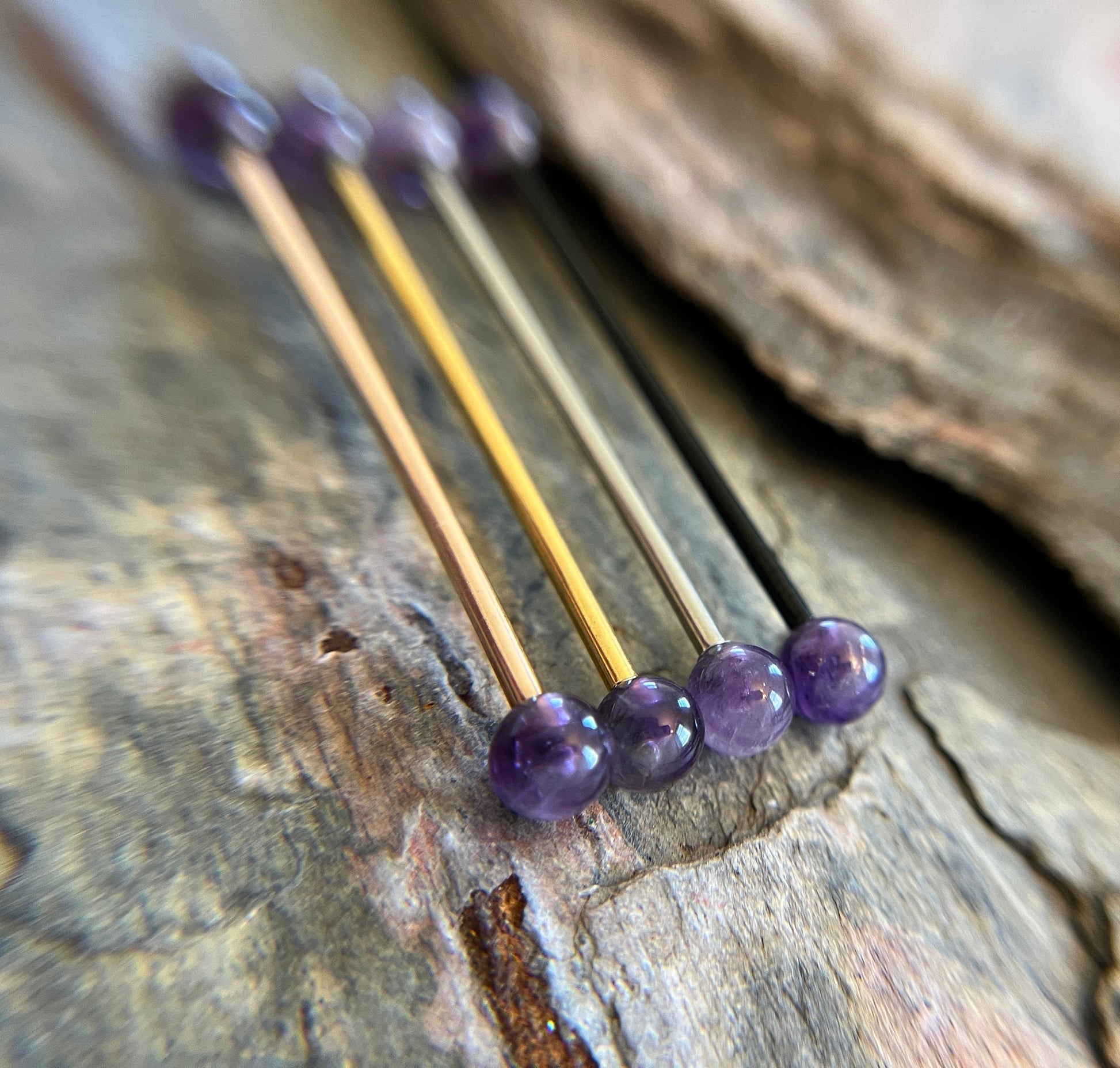 Rose Gold Pick Your Finish Petite Stones Ion Plated Natural Amethyst Industrial Scaffold Bar Barbell 14G (1.6mm) Piercing Piercings