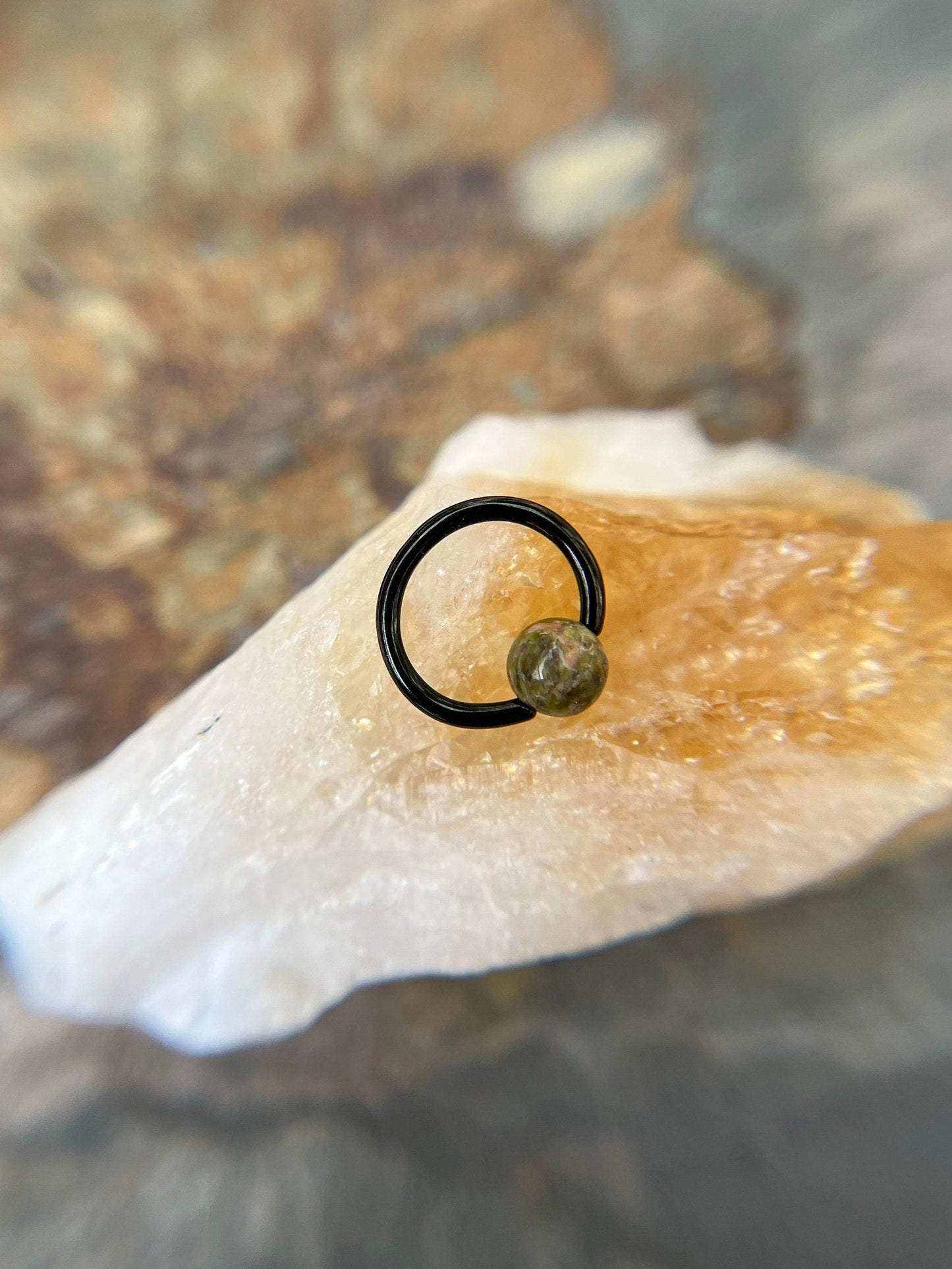 Natural Unakite Jasper Stone Bead Black Titanium Plated CBR Ring Hoop 16G (1.2mm) 14G (1.6mm) Nose Cartilage Septum Piercing 316L Steel