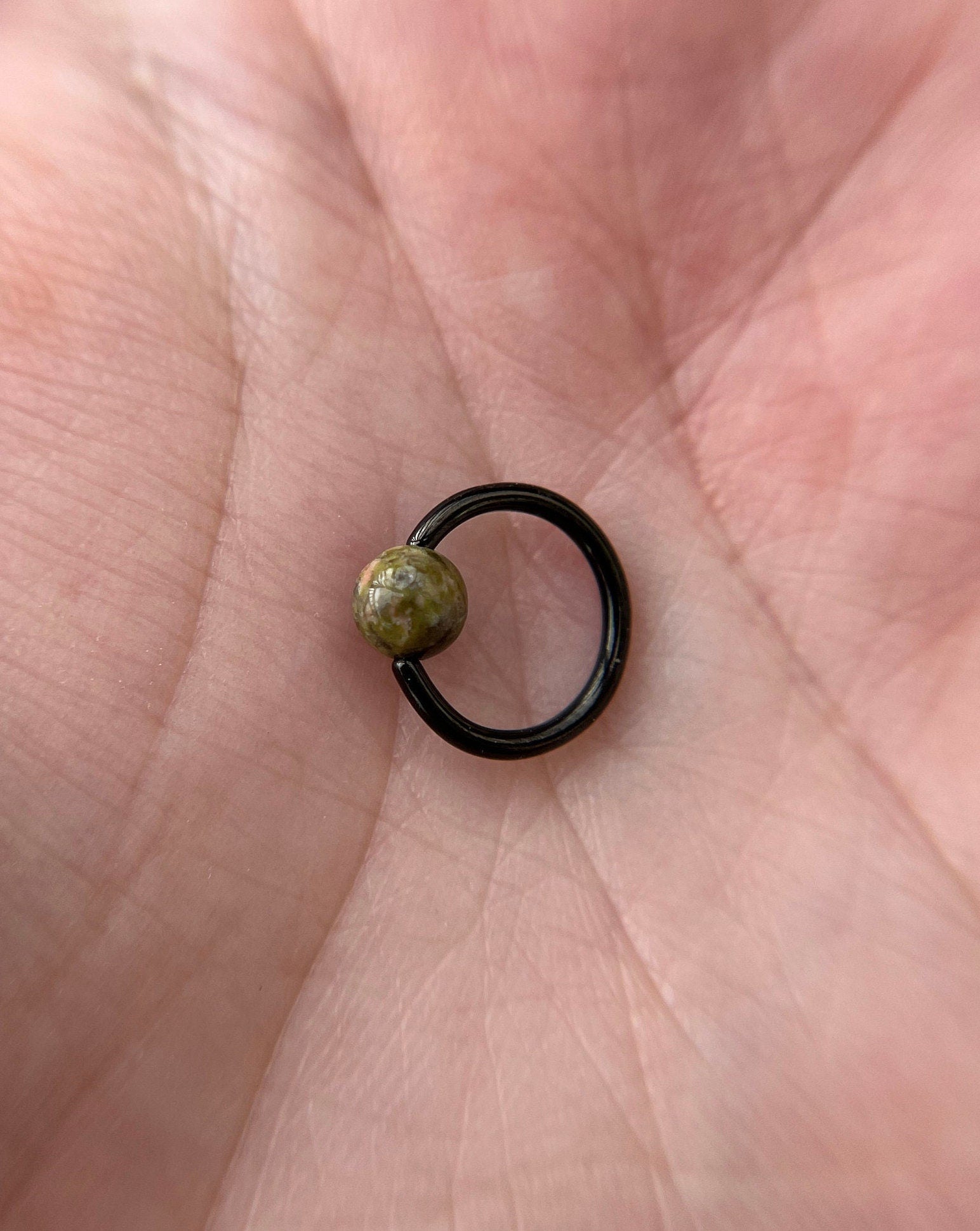 Natural Unakite Jasper Stone Bead Black Titanium Plated CBR Ring Hoop 16G (1.2mm) 14G (1.6mm) Nose Cartilage Septum Piercing 316L Steel