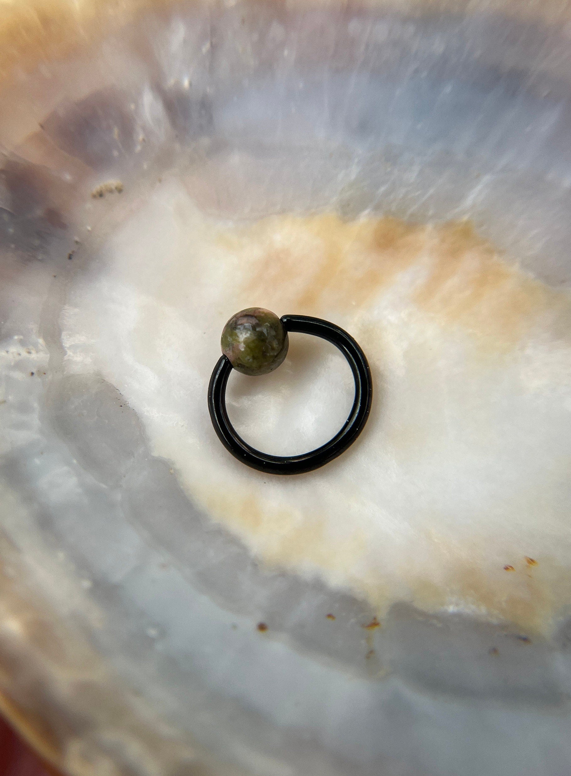 Natural Unakite Jasper Stone Bead Black Titanium Plated CBR Ring Hoop 16G (1.2mm) 14G (1.6mm) Nose Cartilage Septum Piercing 316L Steel