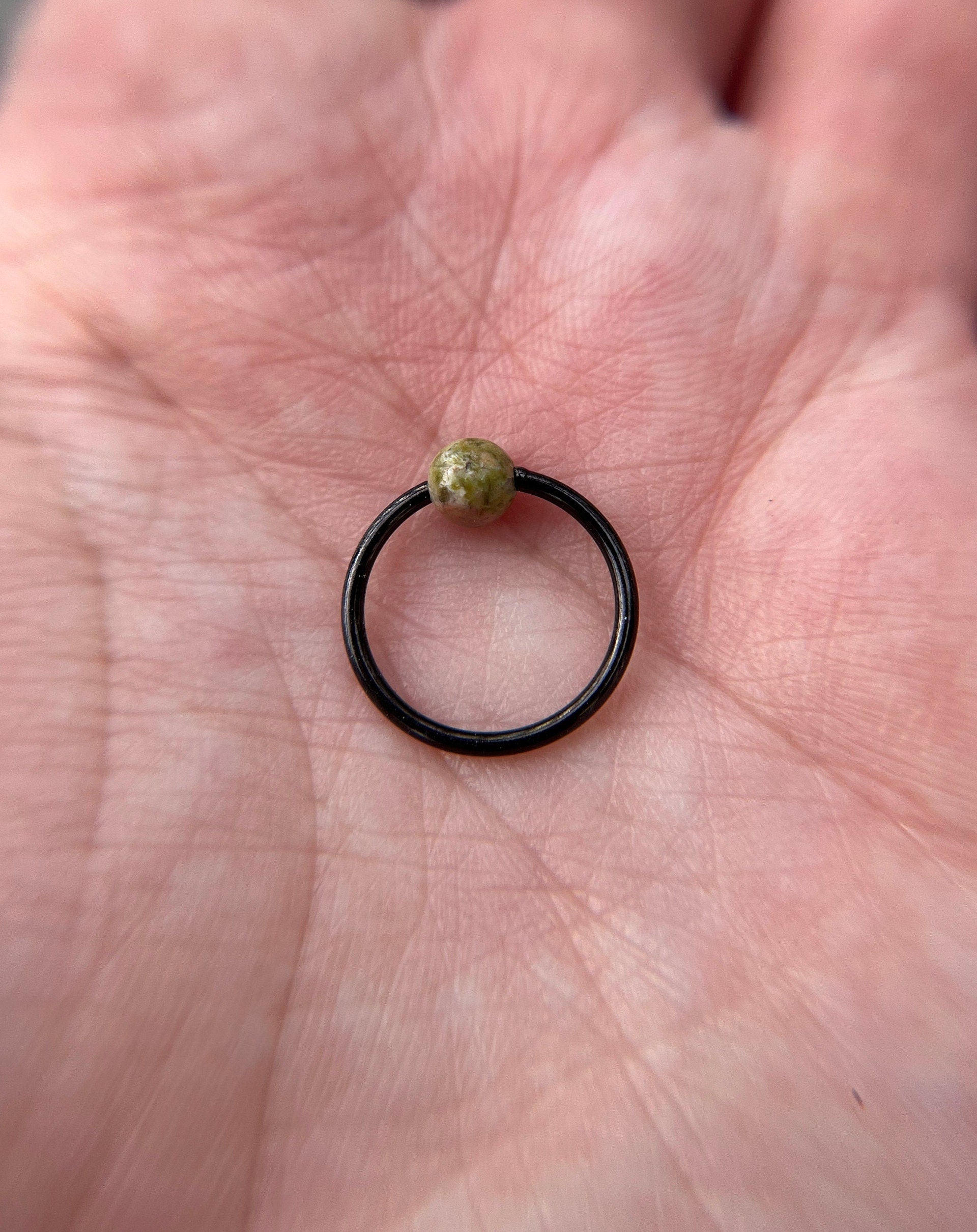 Natural Unakite Jasper Stone Bead Black Titanium Plated CBR Ring Hoop 16G (1.2mm) 14G (1.6mm) Nose Cartilage Septum Piercing 316L Steel