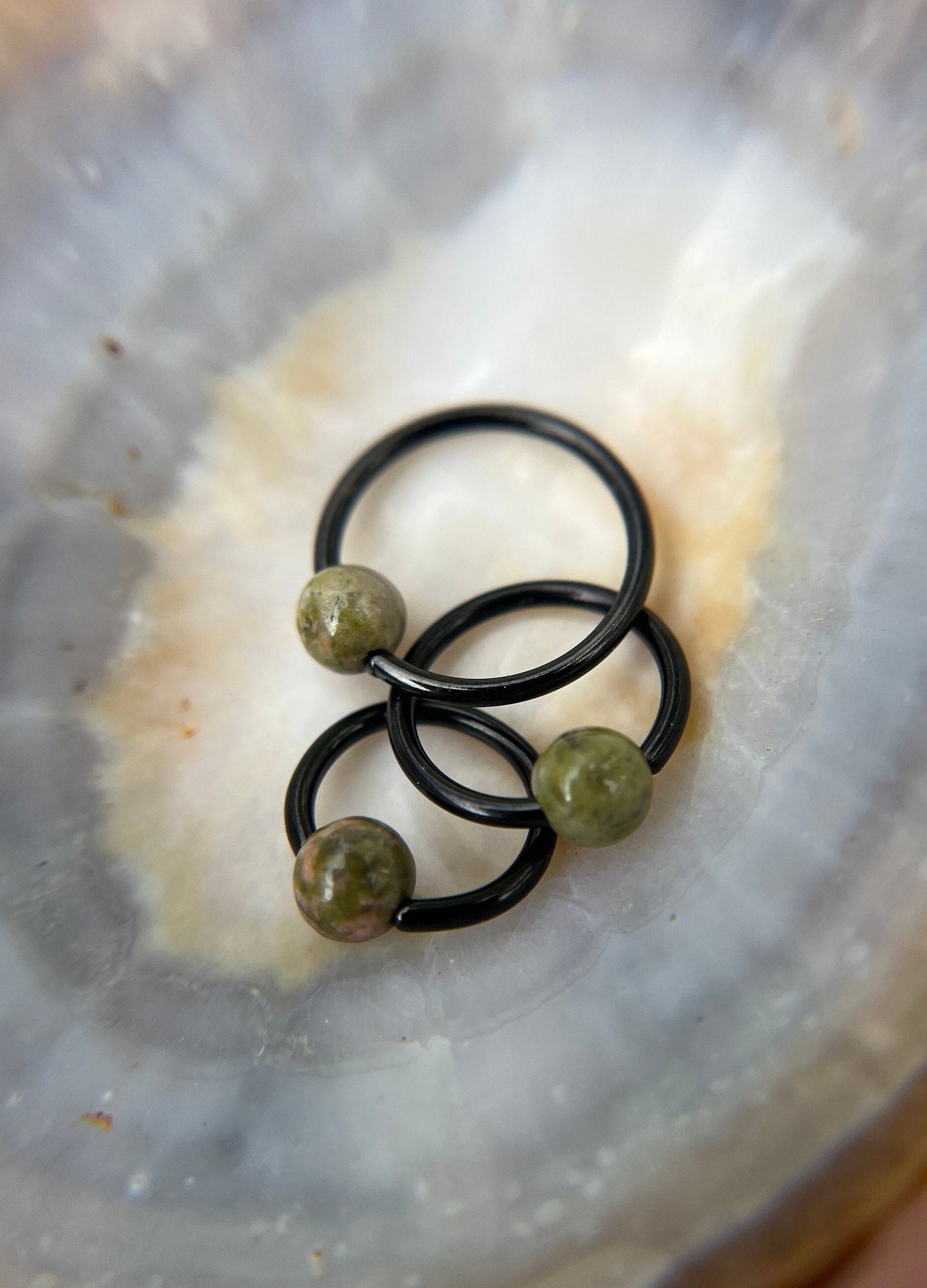 Natural Unakite Jasper Stone Bead Black Titanium Plated CBR Ring Hoop 16G (1.2mm) 14G (1.6mm) Nose Cartilage Septum Piercing 316L Steel