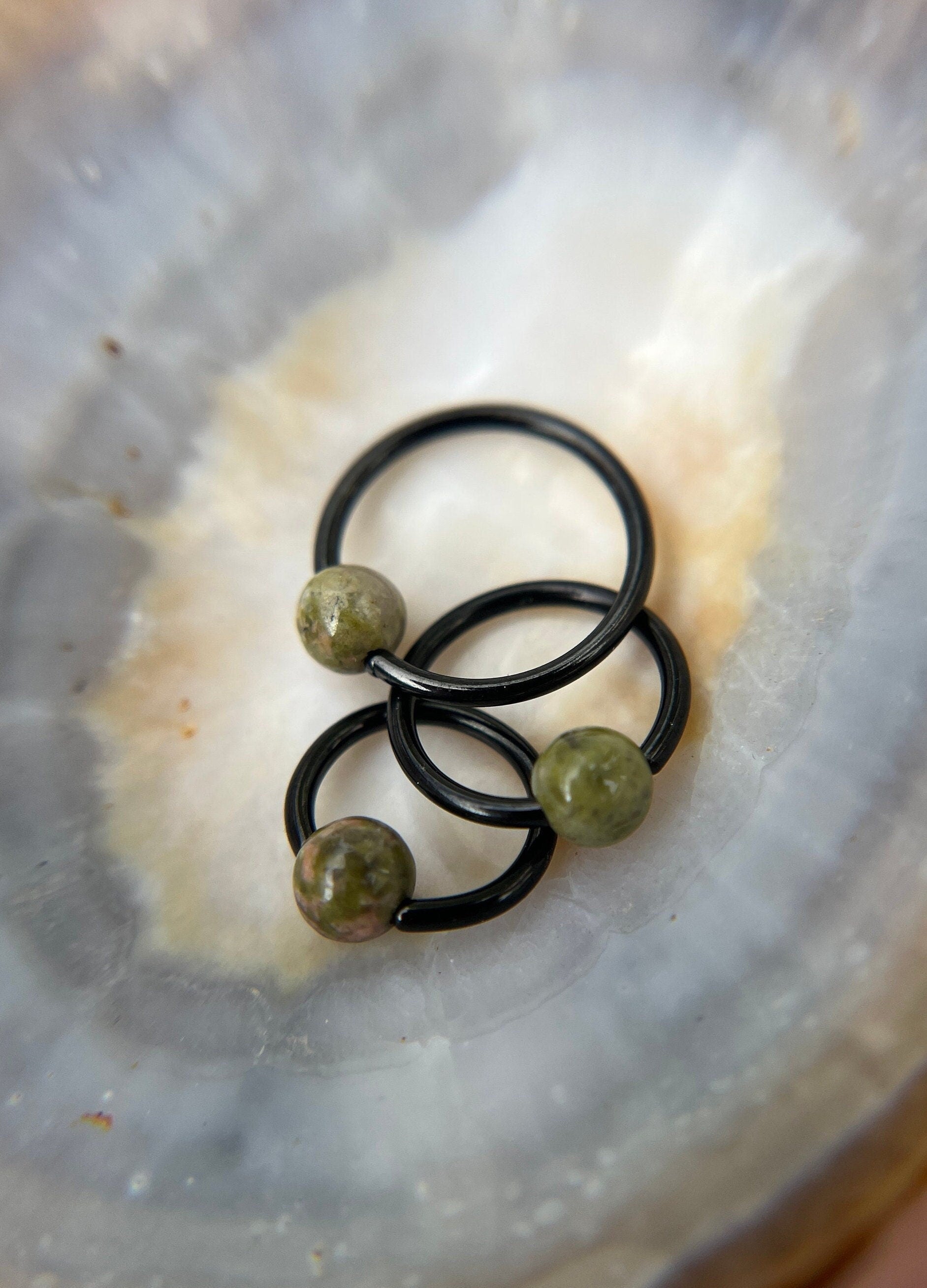 Natural Unakite Jasper Stone Bead Black Titanium Plated CBR Ring Hoop 16G (1.2mm) 14G (1.6mm) Nose Cartilage Septum Piercing 316L Steel