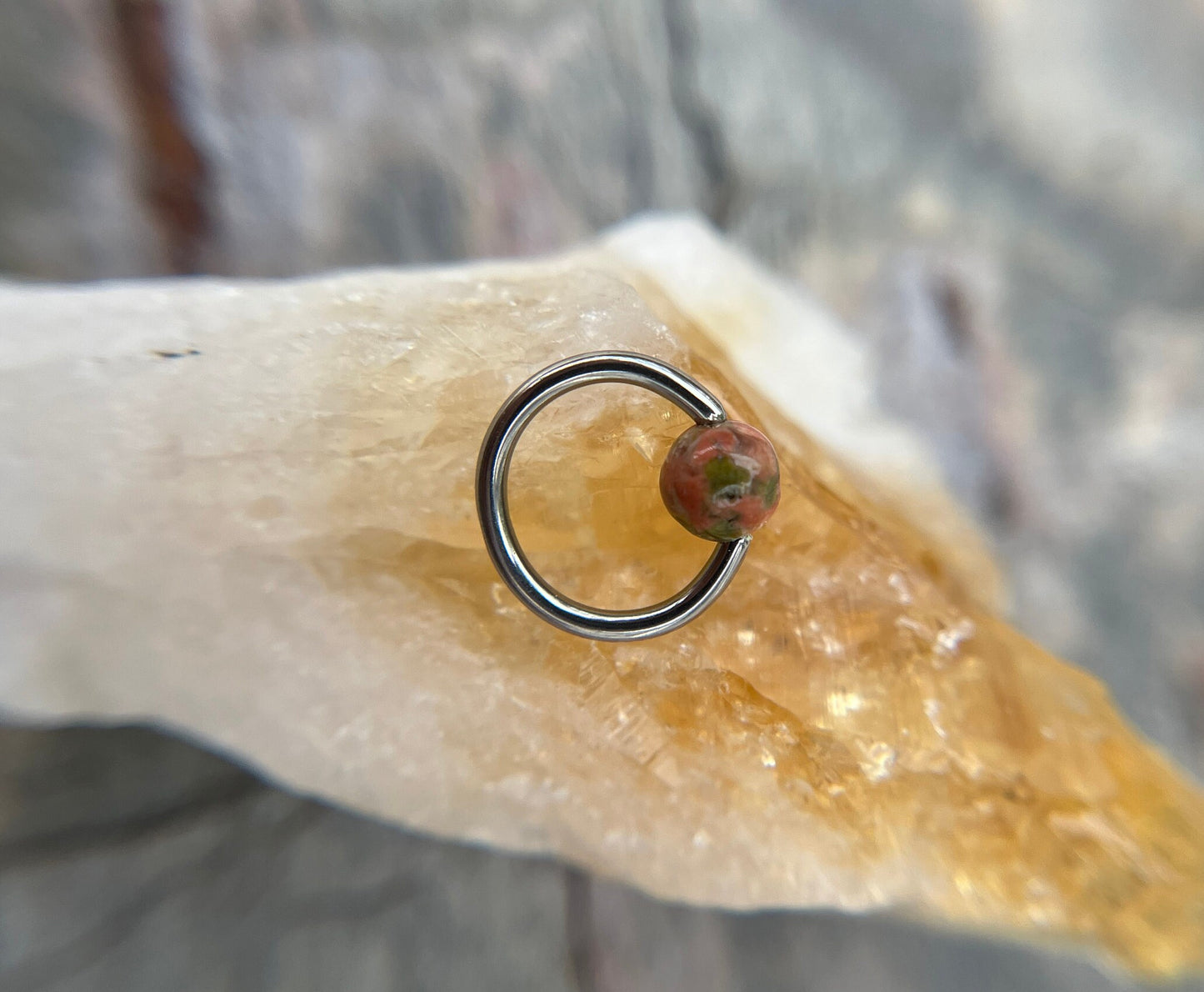 Natural Unakite Stone Bead Steel CBR Ring Hoop 16G (1.2mm) 14G (1.6mm) Nose Cartilage Septum Lip Piercing 316L Surgical Hypoallergenic